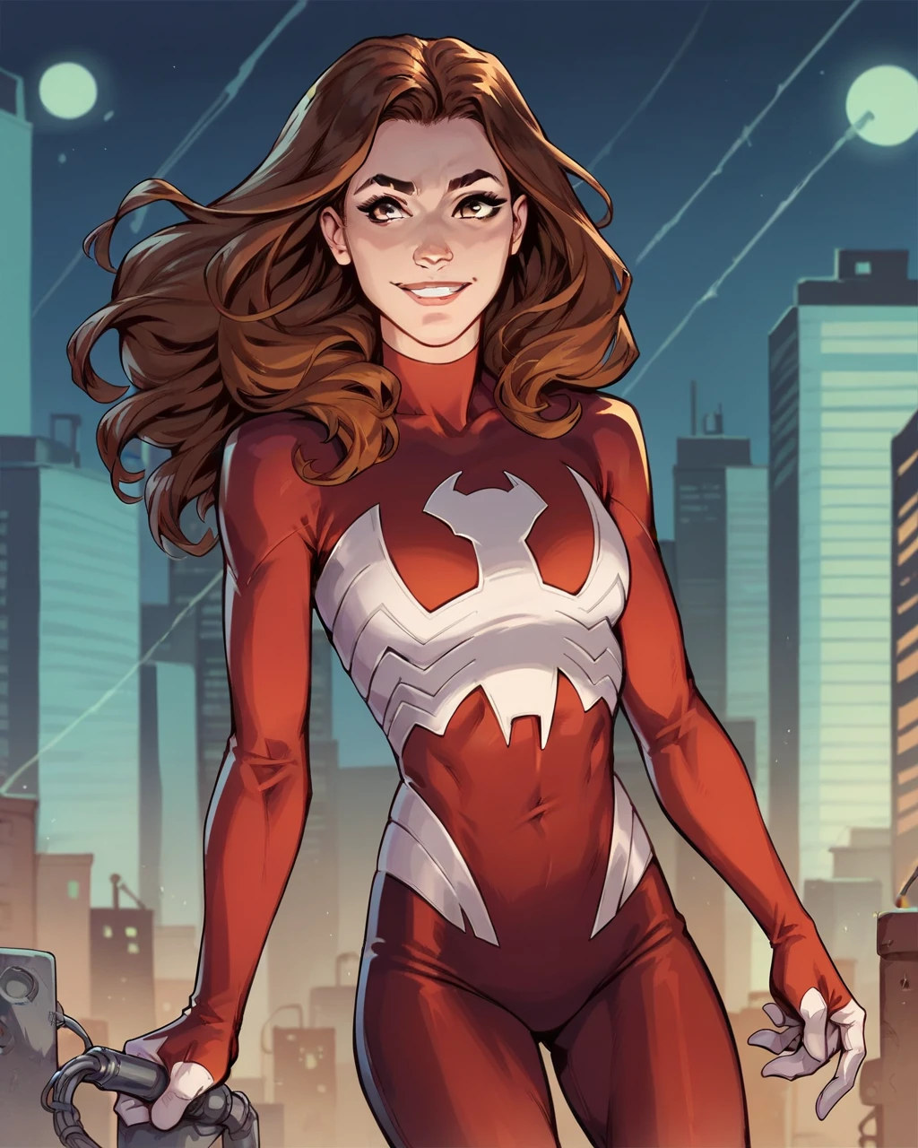 score_9, score_8_up, score_7_up, score_6_up, 2d, JessDrew, solo, long hair, brown hair, brown eyes, bodysuit, smile, highly detailed, dark, city at night