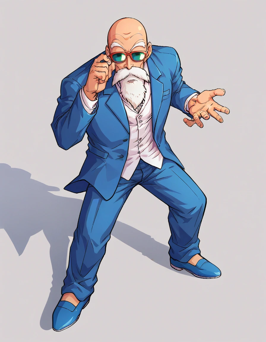 score_9, score_8_up, score_7_up,
roshixl, solo, 1boy,  male focus,  sunglasses, portrait, looking at viewer, bald,suit,blue suit,blue hat, blue shoes, 
<lora:roshi:1>