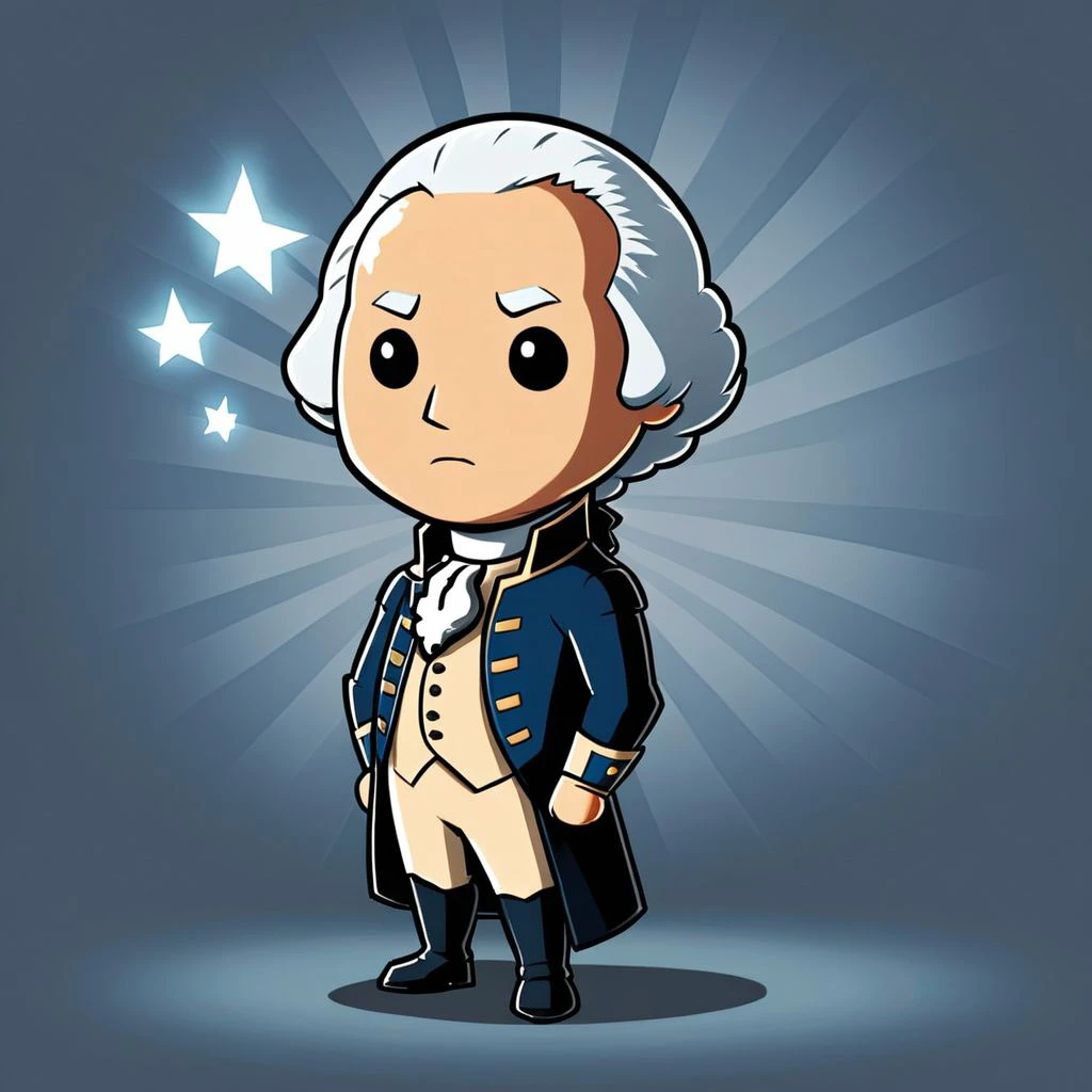 cartoon of George Washington in (ctswx:1.2) style, cute, chibi, candid pose, glowing radient background, rim lighting, <lora:Cute_Tshirt_Style_XL_v5.1-000017:1>