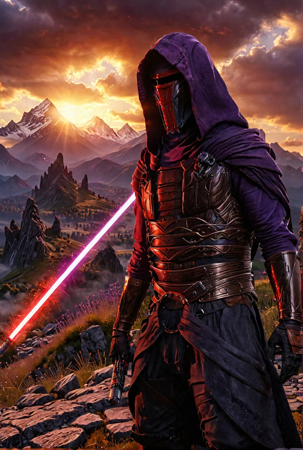 man standing holding red and purple lightsaber, intricate and detailed helmet,  rtx, field of view, mountains in background, dual wielding lightsabers
cinematic masterpiece, slow motion, accurate clothing, hooded, 7-DarthRevan
[reflections, realistic lighting, light rays, beams of light, realistic, high quality photo, 4k]
 <lora:add-detail-xl:0.5> <lora:xl_more_art-full_v1:0.4> <lora:Darth Revan v1.0:0.9>