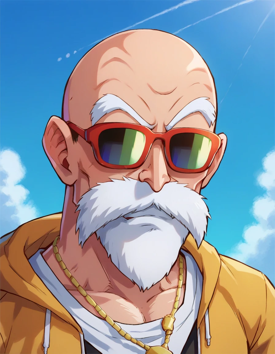 score_9, score_8_up, score_7_up,
roshixl, solo, 1boy,  male focus,  sunglasses,
<lora:roshi:1>