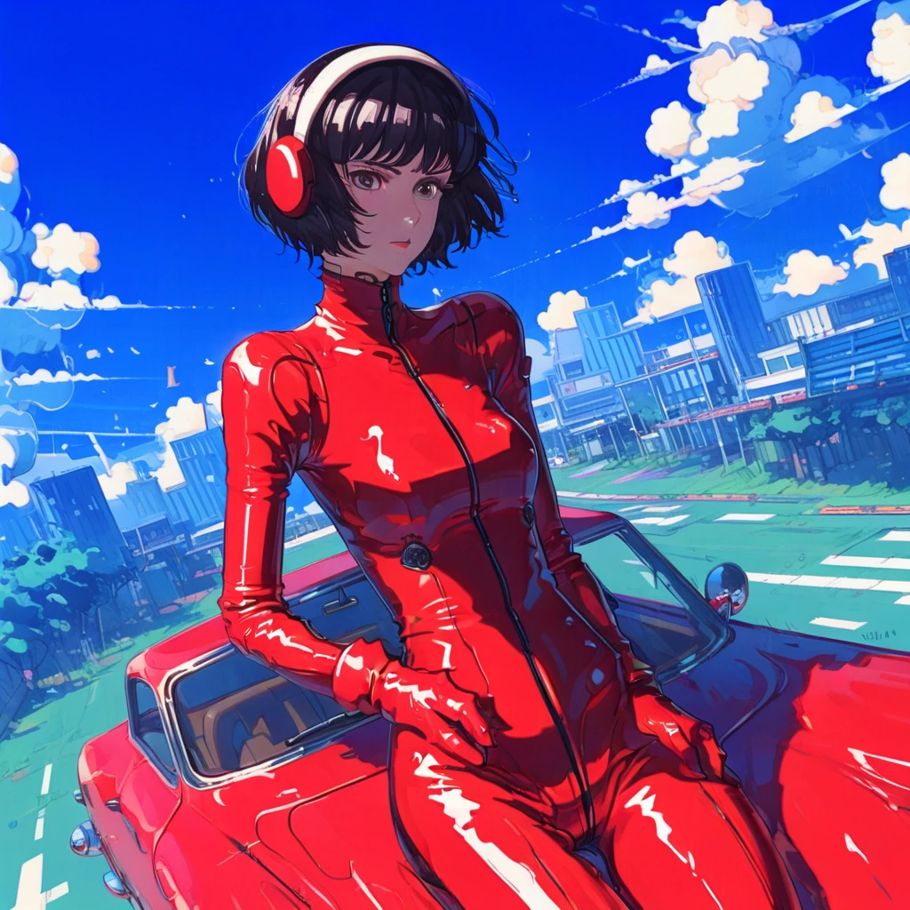 simple background, brown eyes, gloves, red bodysuit, hairband, cloud, short hair, shiny clothes, motor vehicle, latex