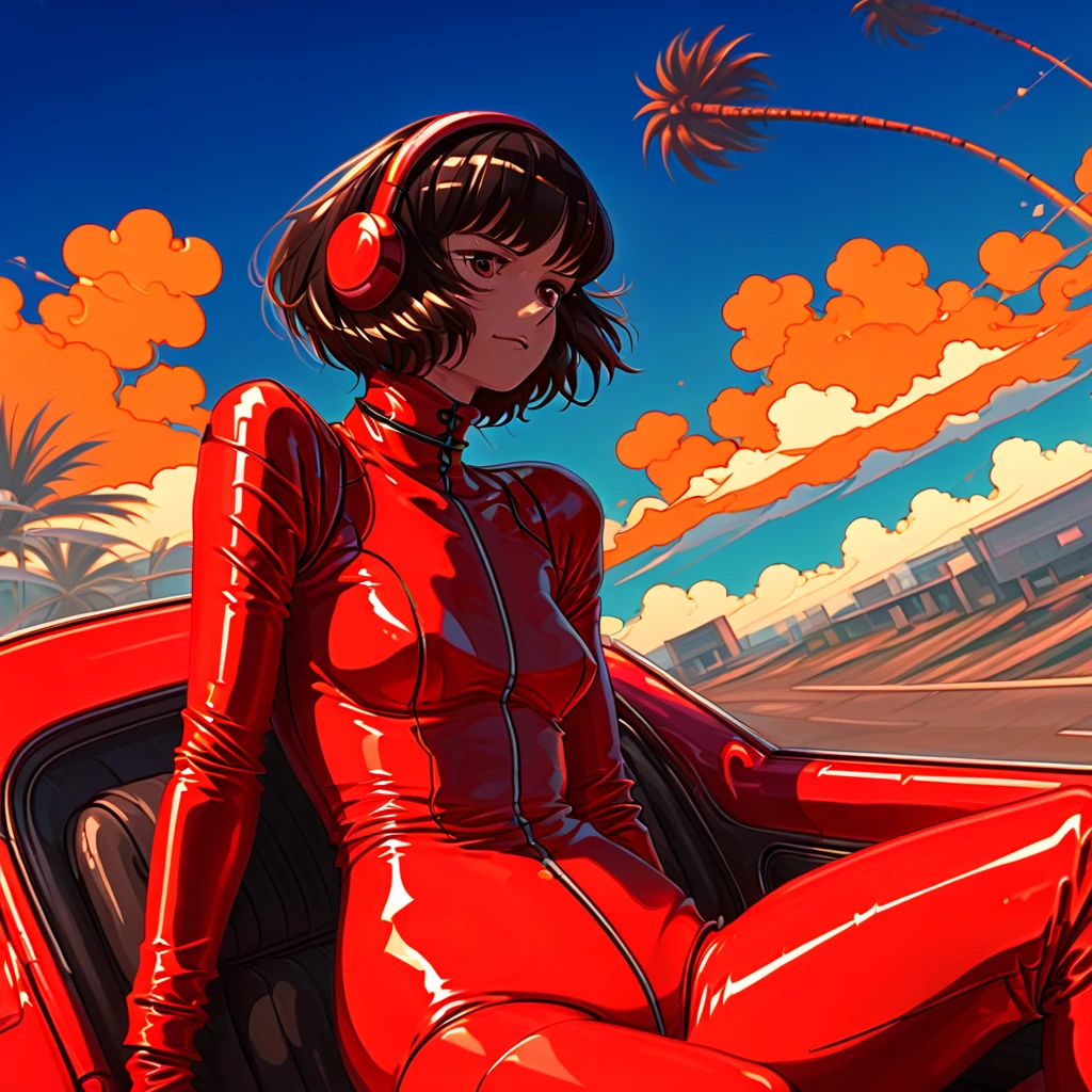 hairband, latex, red bodysuit, brown eyes, plugsuit, black background, palm tree, sky, sitting, ground vehicle