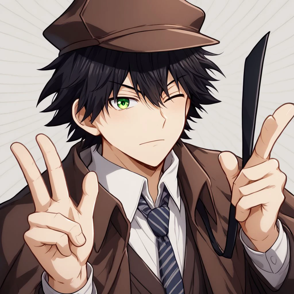 1boy, male focus, messy black hair, green eyes, one eye closed, detective beige clothes, detective hat, necktie, best quality