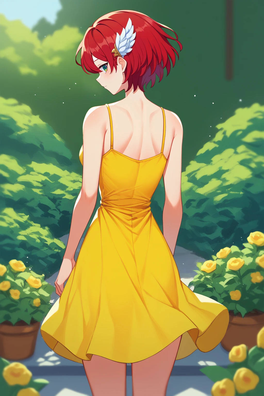 score_9, score_8_up, score_7_up, score_6_up, score_5_up, score_4_up, BREAK digital painting, 1girl, solo, <lora:NSPriscillaFE7:1> NSPriscillaFE7, red hair, short hair, wing hair ornament, yellow sundress, from behind, looking back, garden, day, sunny