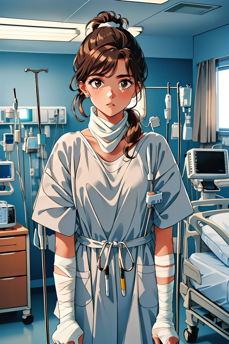 (RAW photo, best quality,facing the viewer,from front), operating room, overhead surgical light,blurred background, focused, dithering,backlighting,
<lora:CM_Patient_Bandaged_V2.0-000004:0.8> patient_bandaged, 1girl, solo, hospital bed, intravenous drip, bandages, monitor,
 <lora:Klaviana_V1.0:0.8> (klaviana,brown hair, brown eyes,folded ponytail, 1990s (style)),