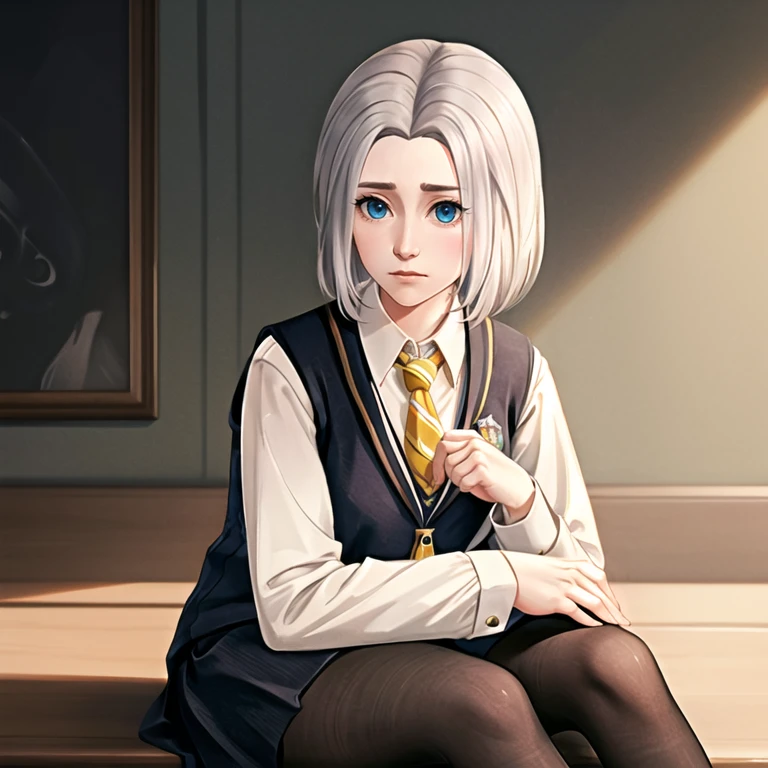 chiaralobosca, 1girl, solo, looking at viewer, hogwarts school uniform, collared shirt, yellow necktie, striped necktie, black pantyhose, black skirt, (medium breasts:0.6), looking at viewer, (expressionless, portrait, sitting:1.2), dark background, indoors, <lora:chiaralobosca:0.7>