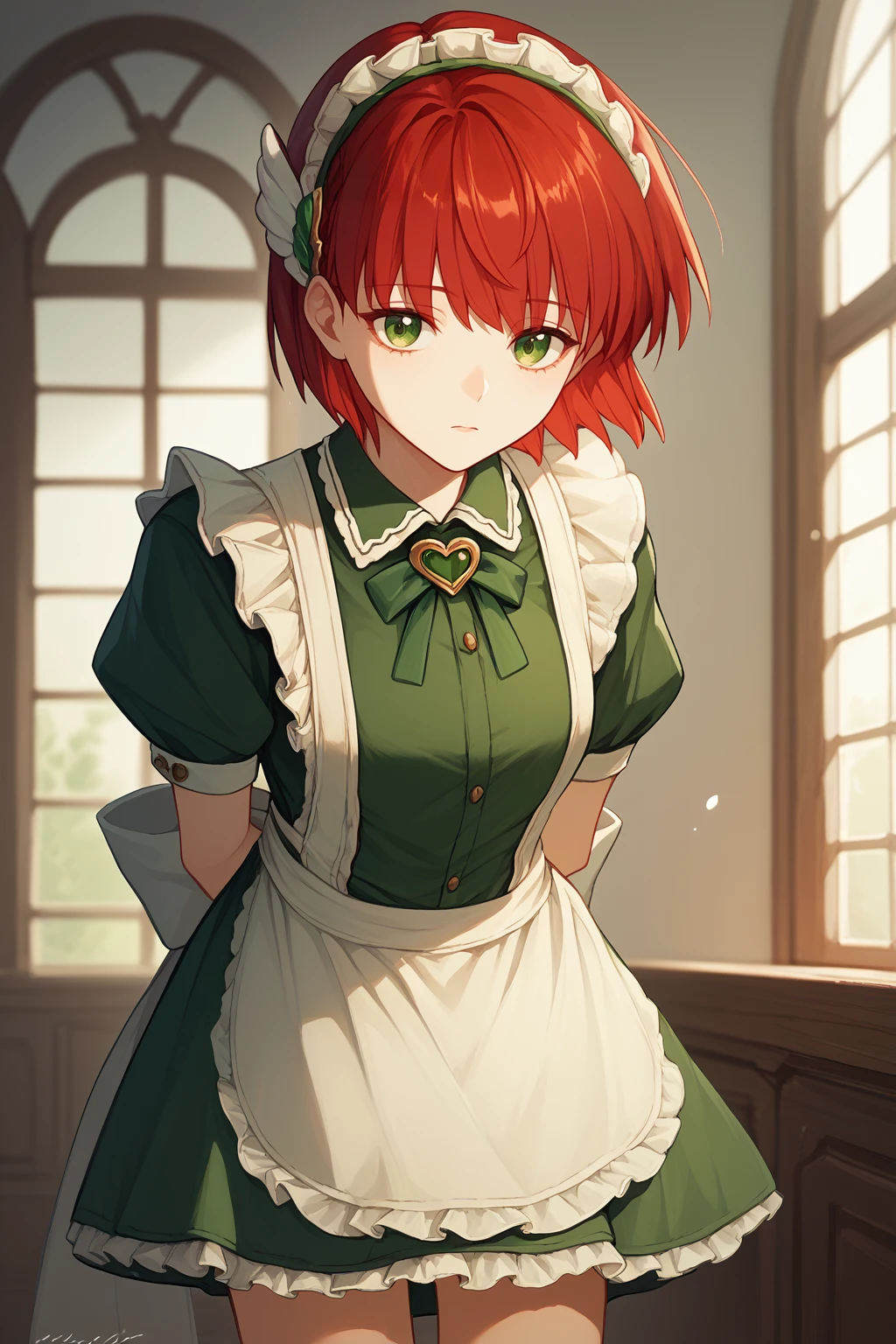 score_9, score_8_up, score_7_up, BREAK <lora:NSPriscillaFE7:1> NSPriscillaFE7, red hair, green eyes, short hair, wing hair ornament, pink maid outfit, frills, short skirt, leaning forward, bowing, looking at the viewer, indoors, cowboy shot, hands at sides