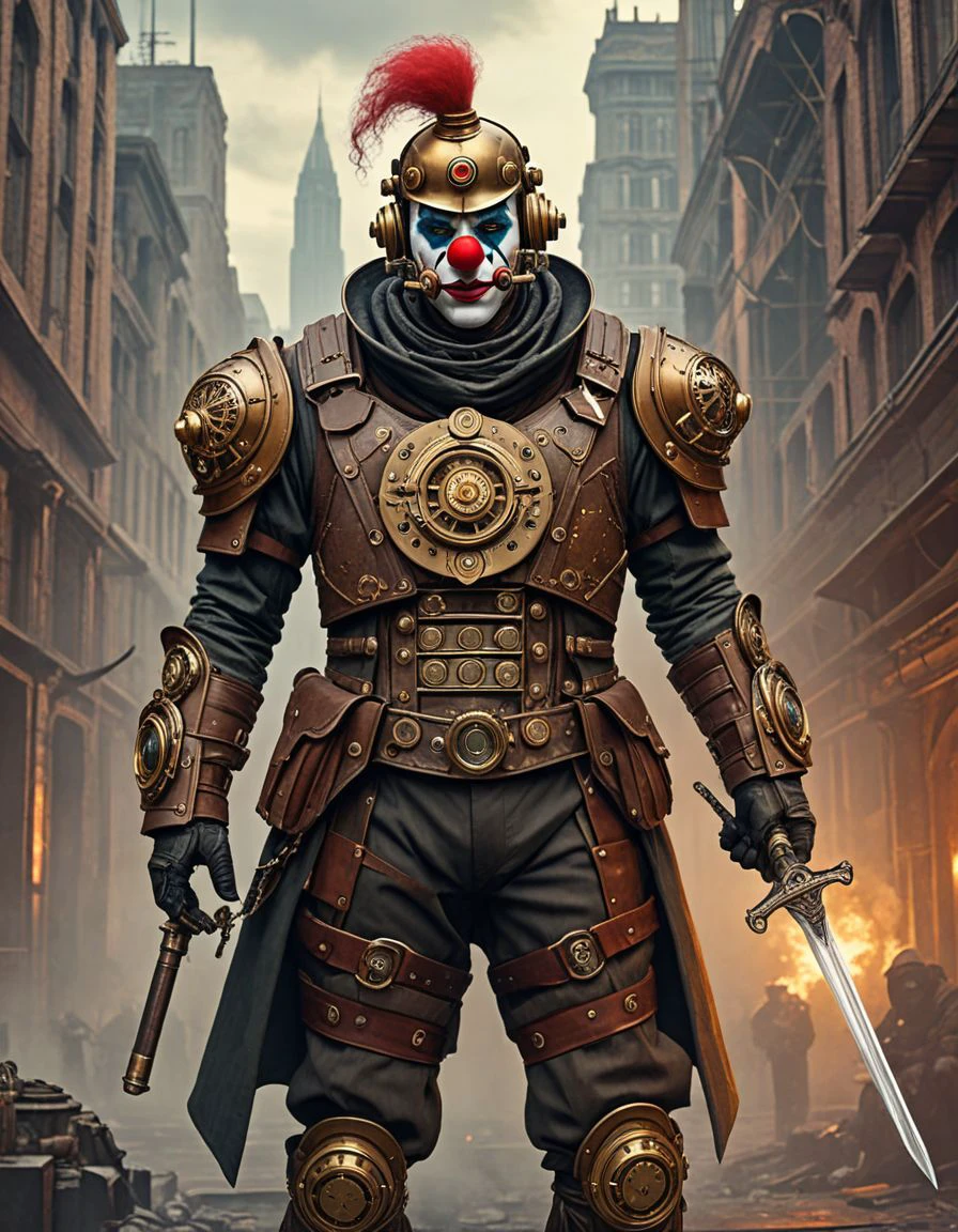 steampunk style concept art breathtaking An extraordinary image of a clown transformed into a warrior, blending elements of cyberpunk, steampunk, sci-fi, and vintage styles. The clown dons a helmet with goggles, adorned with various cybernetic and steampunk mechanisms. The outfit consists of a mixture of leather, metal, and fabric, with intricate patterns and colors. In one hand, the clown holds a vintage sword, while the other grips a futuristic, steam-powered gun. The background reveals a dystopian cityscape with a mix of advanced technology and retro architecture. The atmosphere is intense and mysterious, with a sense of adventure and rebellion. . award-winning, professional, highly detailed . digital artwork, illustrative, painterly, matte painting, highly detailed . antique, mechanical, brass and copper tones, gears, intricate, detailed