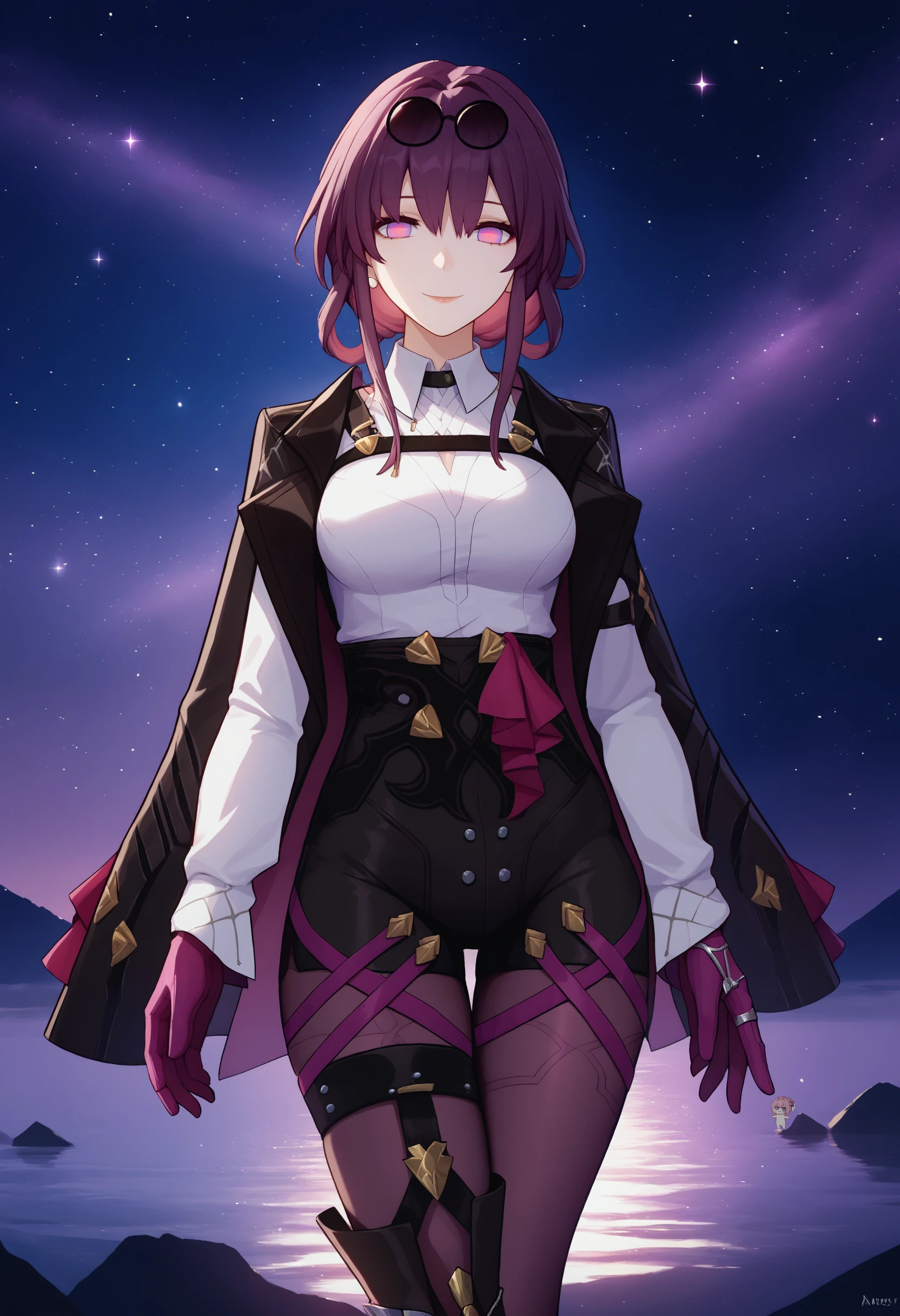 <lora:kafka_hsr_xypher_pdxl_v1:1> score_9, score_8_up, score_7_up BREAK source_anime, kafka, no pupils, smile, eyewear on head, collared shirt, chest harness, jacket on shoulders, purple gloves, high-waist shorts, pantyhose under shorts, long sleeves, single thigh boot, leg belt, starry sky, scenery, dark theme