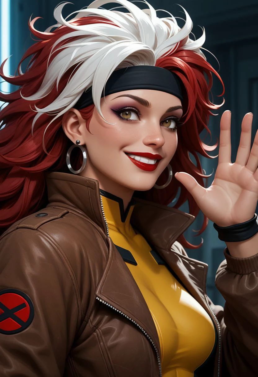 dskrge_xm3n, 1girl, bodysuit, earrings, gloves, brown jacket, headband, jacket, jewelry, lipstick, makeup, two-tone hair, long hair, messy hair, red hair, red lips, smile, waving, white hair, score_9, score_8_up, score_7_up, score_6_up, score_5_up, score_4_up,