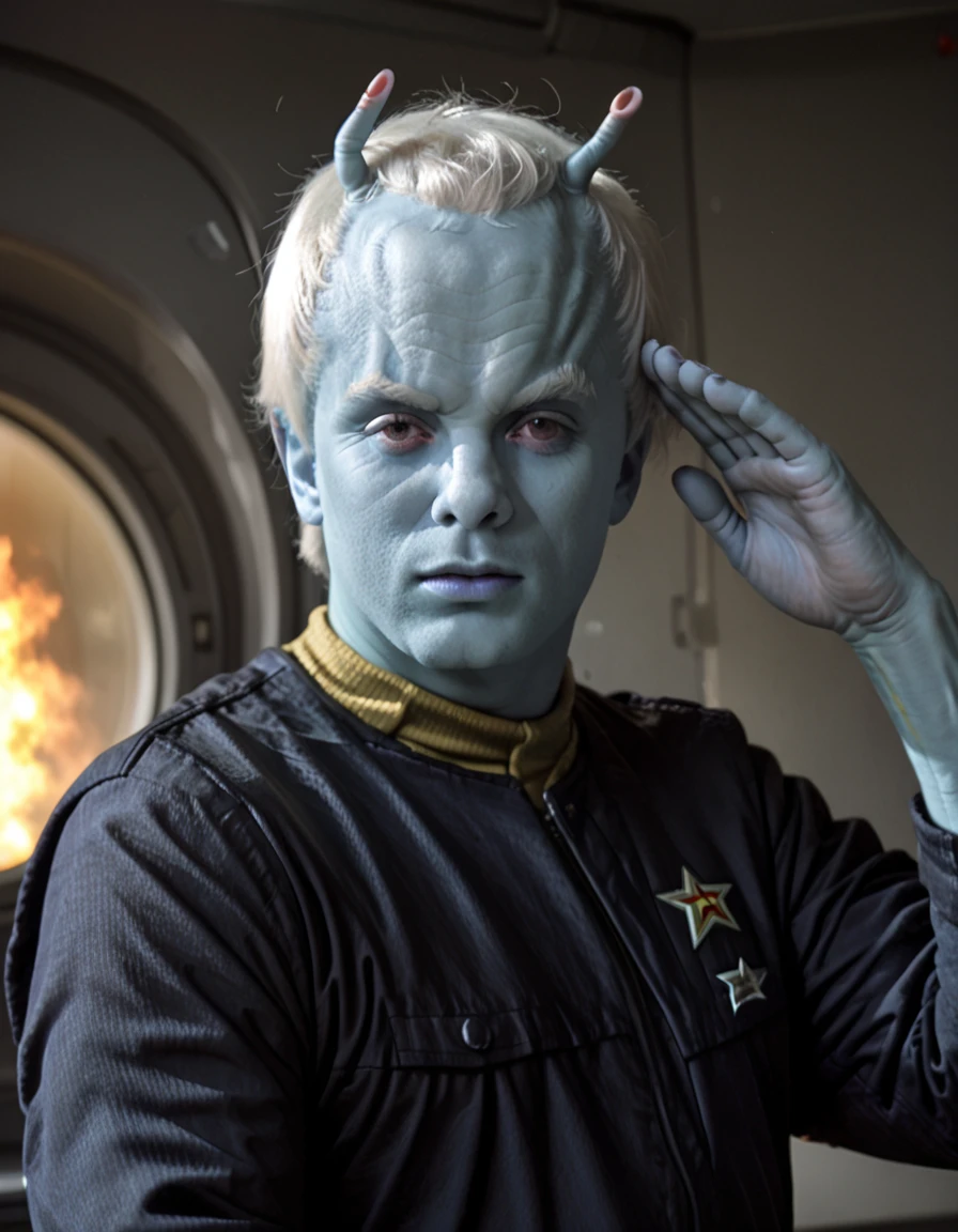 score_9, score_8_up, score_7_up,
a andorian male, white hair, heroic pose, solo,
((vulcan salute:1.6)),serious, focused,
looking at viewer, hand up,
inside futuristic spaceship,
 <lora:andorian:1>