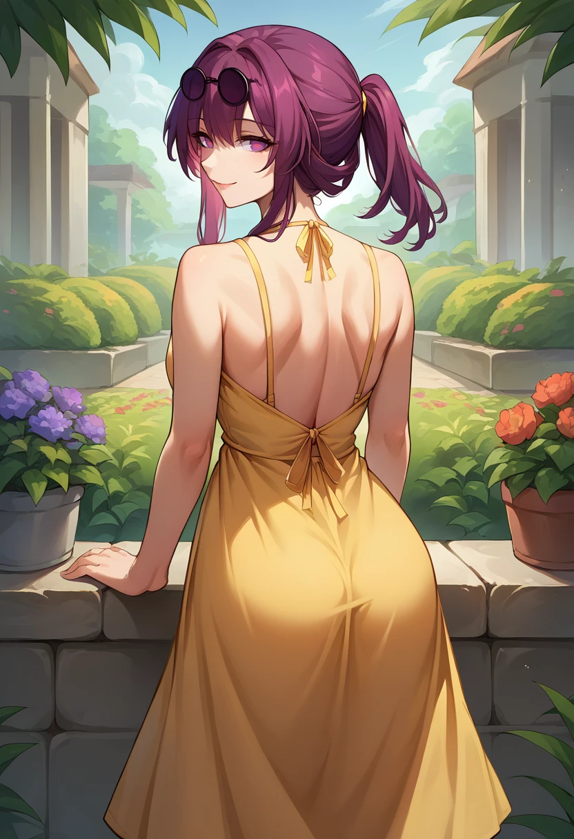 score_9, score_8_up, source_anime, 1girl, solo, KafkaHSR, purple eyes, long hair, ponytail, sidelocks, sunglasses on head, from behind, yellow sundress, garden, day, sunshine, smile, looking back, <lora:ChamKafkaHSRPonyXL:1>