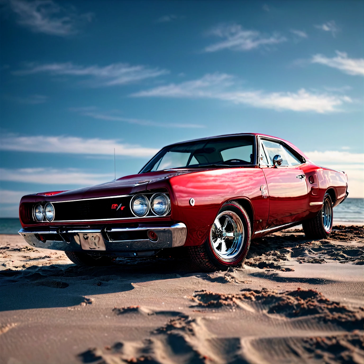 (dark) high-resolution 8k realistic photograph of a cherry red 68DodgeXL on the beach, studio lighting, rim lighting, shallow depth of field, <lora:68DodgeXL:1> <lora:Dark realism:0.8>