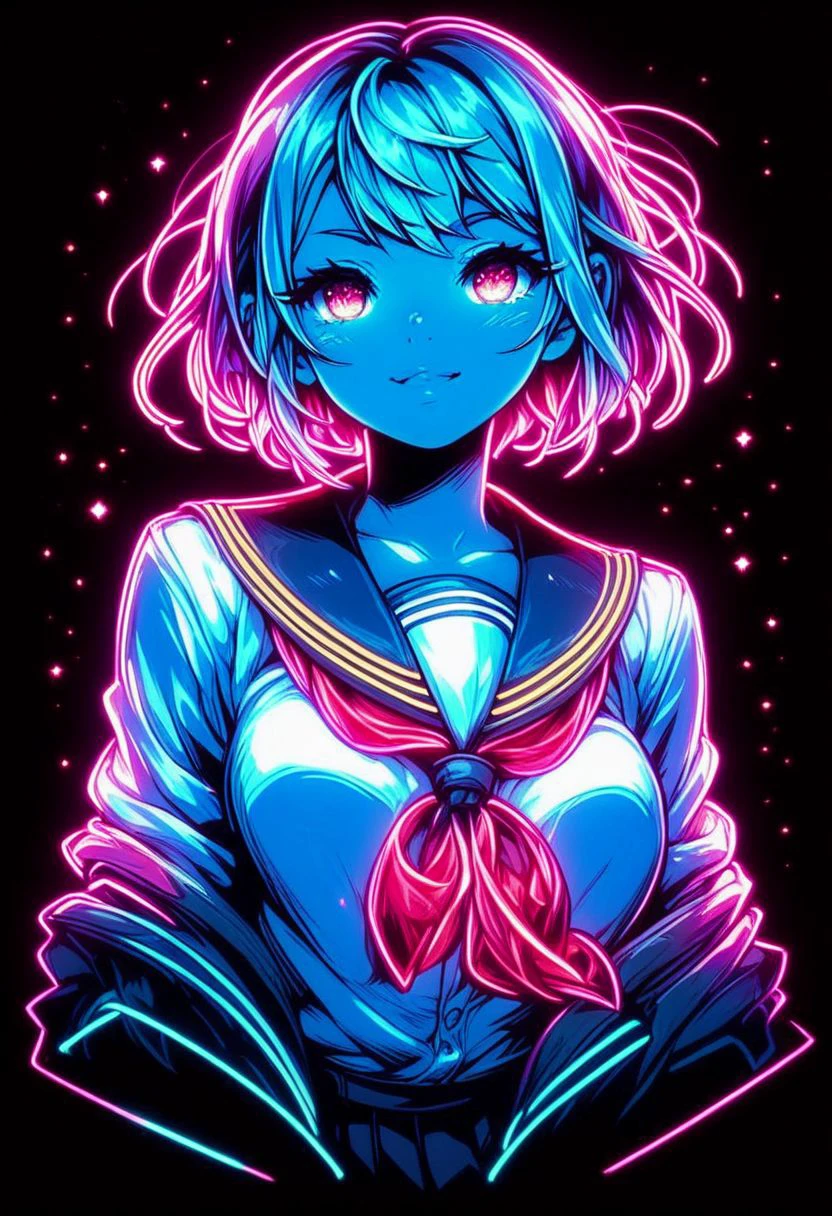 score_9, score_8_up, score_7_up, score_9, score_8_up, score_8_up, 1girl, school uniform, neon, black background, bright and dynamic composition,vibrant color palette, high contrast, glowing outlines, <lora:dalle3-1_4:1>