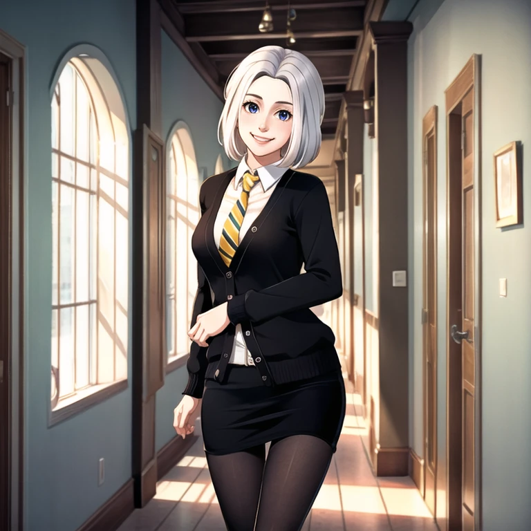 chiaralobosca, 1girl, solo, looking at viewer, smile, smug, black cardigan, yellow necktie, striped necktie, (thighs, medium breasts:0.4), black pantyhose, black skirt, standing, cowboy shot, (dynamic pose:1.3), (window, hallway, indoors), detailed background, <lora:chiaralobosca:0.56>