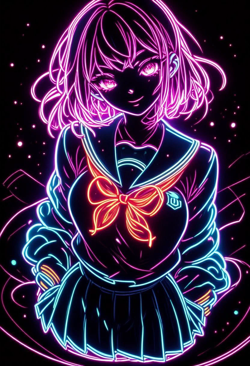 score_9, score_8_up, score_7_up, score_9, score_8_up, score_8_up, 1girl, school uniform, neon, black background, bright and dynamic composition,vibrant color palette, high contrast, glowing outlines, <lora:dalle3-1_4:1>