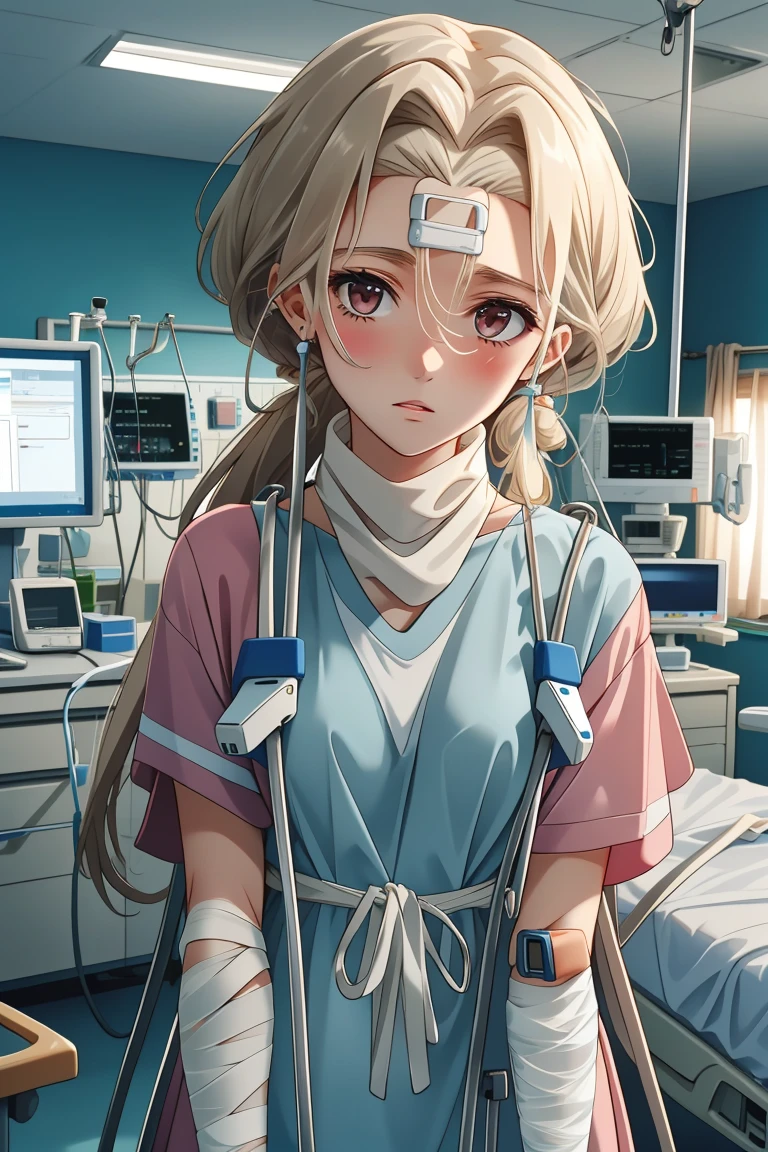 (RAW photo, best quality,facing the viewer,from front), operating room, overhead surgical light,blurred background, focused, dithering,backlighting,
<lora:CM_Patient_Bandaged_V2.0-000004:0.8> patient_bandaged, 1girl, solo, hospital bed, intravenous drip, bandages, monitor,
<lora:FionaZoids:0.8> fiona \(zoids\), 1girl, blonde_hair, long_hair, red_eyes, blush,