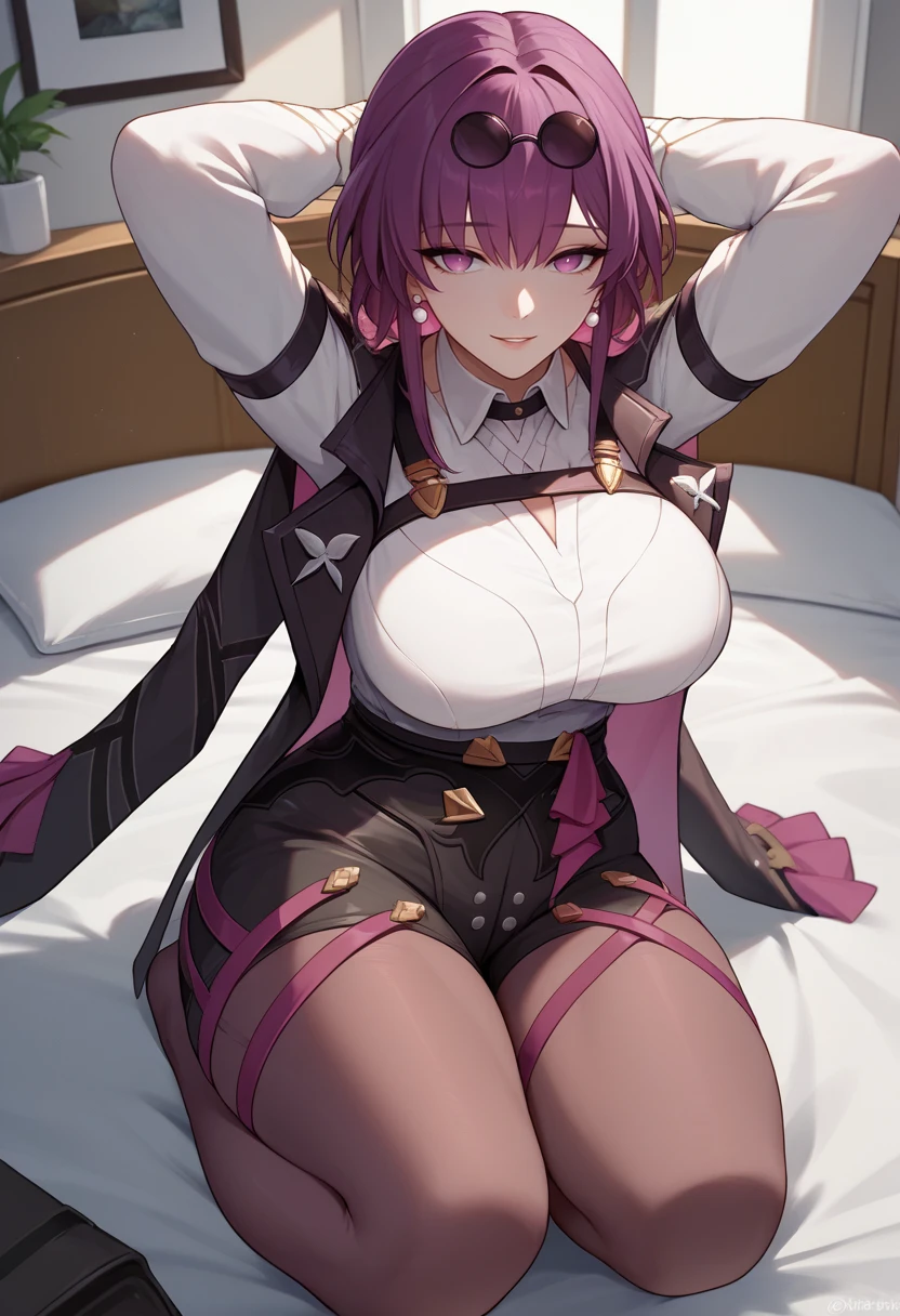 score_9, score_8_up, score_7_up, source_anime BREAK 1girl, solo, <lora:kafka-hsr-richy-v1_pdxl:1> kfka, purple eyes, purple hair, bangs, sidelocks, eyewear on head, earrings, white shirt, collared shirt, long sleeves, black jacket, jacket on shoulders, harness, large breasts, black shorts, high-waist shorts, purple thigh straps, pantyhose, single thigh boot, bed, bedroom, indoors, from above, arms behind head, sitting, kneeling, seiza, looking at viewer, parted lips, full body, smile, closed mouth, thick thighs, wide hips