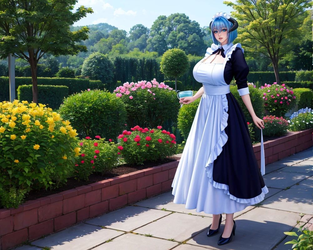 <lora:cyanbaru4:0.8>,1girl, cyanbaru, solo, large breasts, blue hair, horns, huge breasts, blue eyes, maid, maid headdress, full body,  tea jar, garden, flowers,