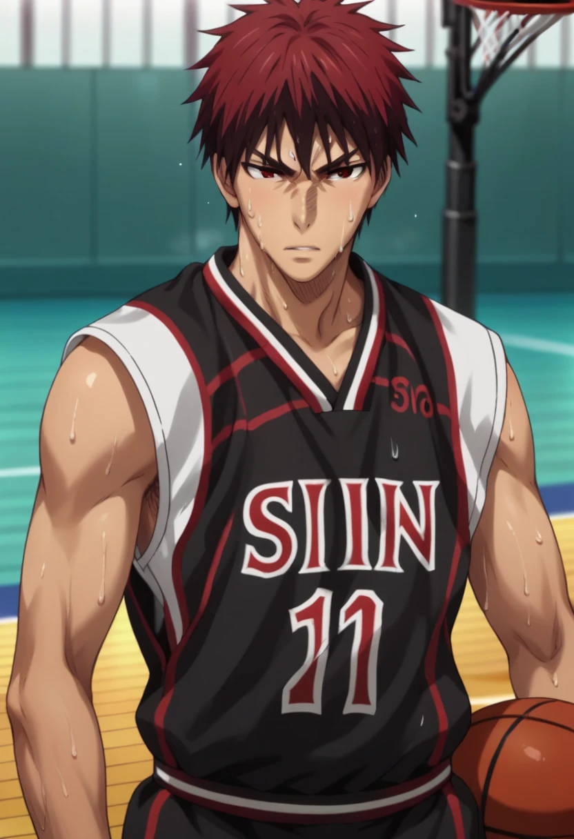 score_9, score_8_up, score_7_up, score_6_up, detailed, ,source_anime, taiga kagami, red hair, red eyes, 1boy, male focus, solo, black sportwear, sweat, basketball uniform,basketball<lora:EMS-403084-EMS:1.000000>