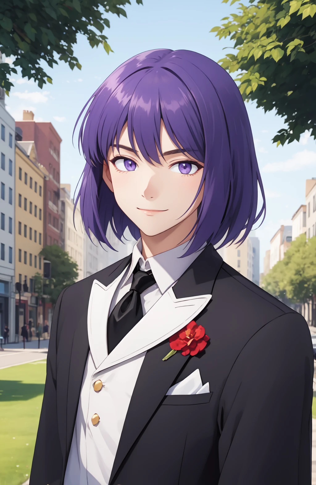 (xellos:1), solo male, 1boy, upper body portrait,vibrant colors, colorful, original, purple_hair, city, park, grass, trees, black tuxedo, smile, expressionless, neutral_expression, crystal, bob cut  <lora:Xelloss01:0.6>, purple eyes,