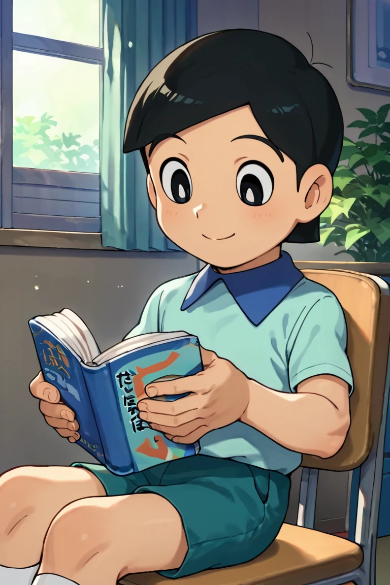 score_9,score_8_up,score_7_up,source_anime,1boy, solo,Hidetoshi Dekisugi,black hair,black eyes, smile, Blue shirt,short shirt, smile, indoors, sitting, chairs, holding book, book, reading book<lora:EMS-402860-EMS:1.000000>