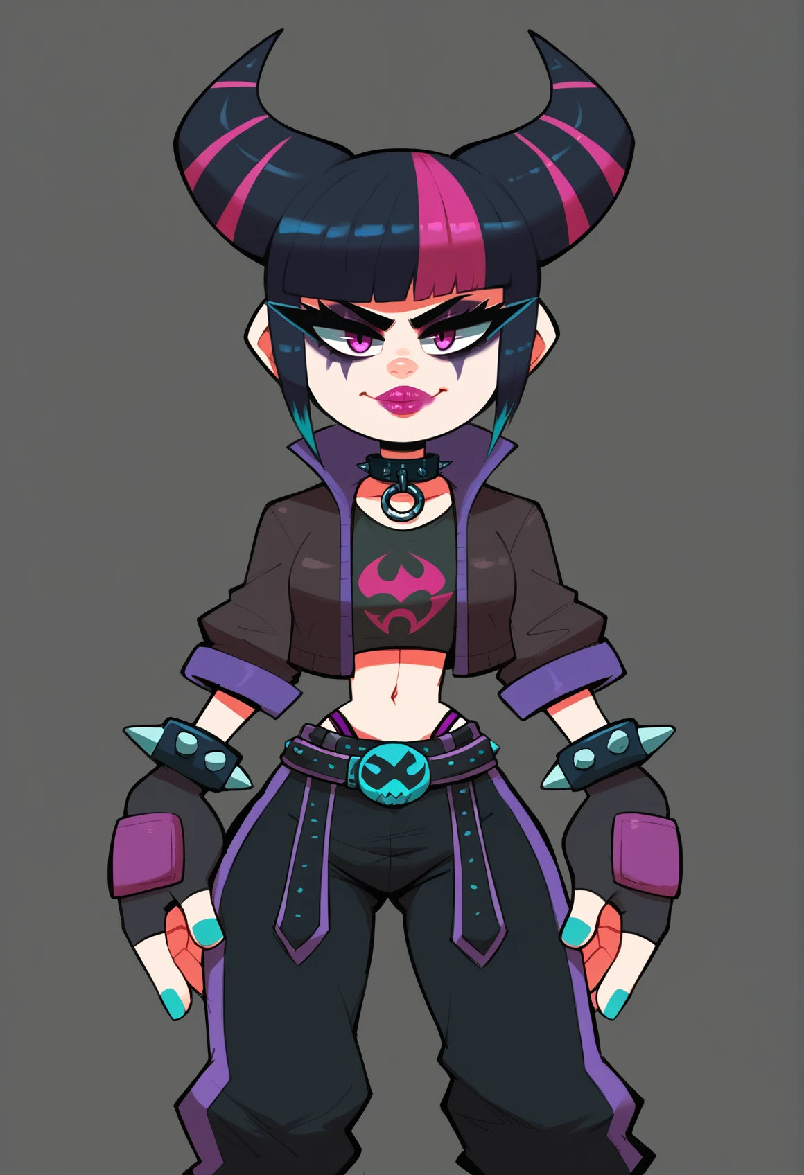 score_9, score_8_up, score_7_up, score_6_up, score_5_up,  <lora:Juri -SDXL (Pony)-v01:0.6> juridgsf6,, purple eyes, black hair, bangs, hair horns, multicolored hair,streaked hair, makeup, lipstick, , fingerless gloves,multiple belts, collar, spiked bracelet, aqua nails, chaps, baggy pants,toeless legwear,jacket, facing viewer, simple background, cowboy shot, looking at viewer,   <lora:test-000007:1>