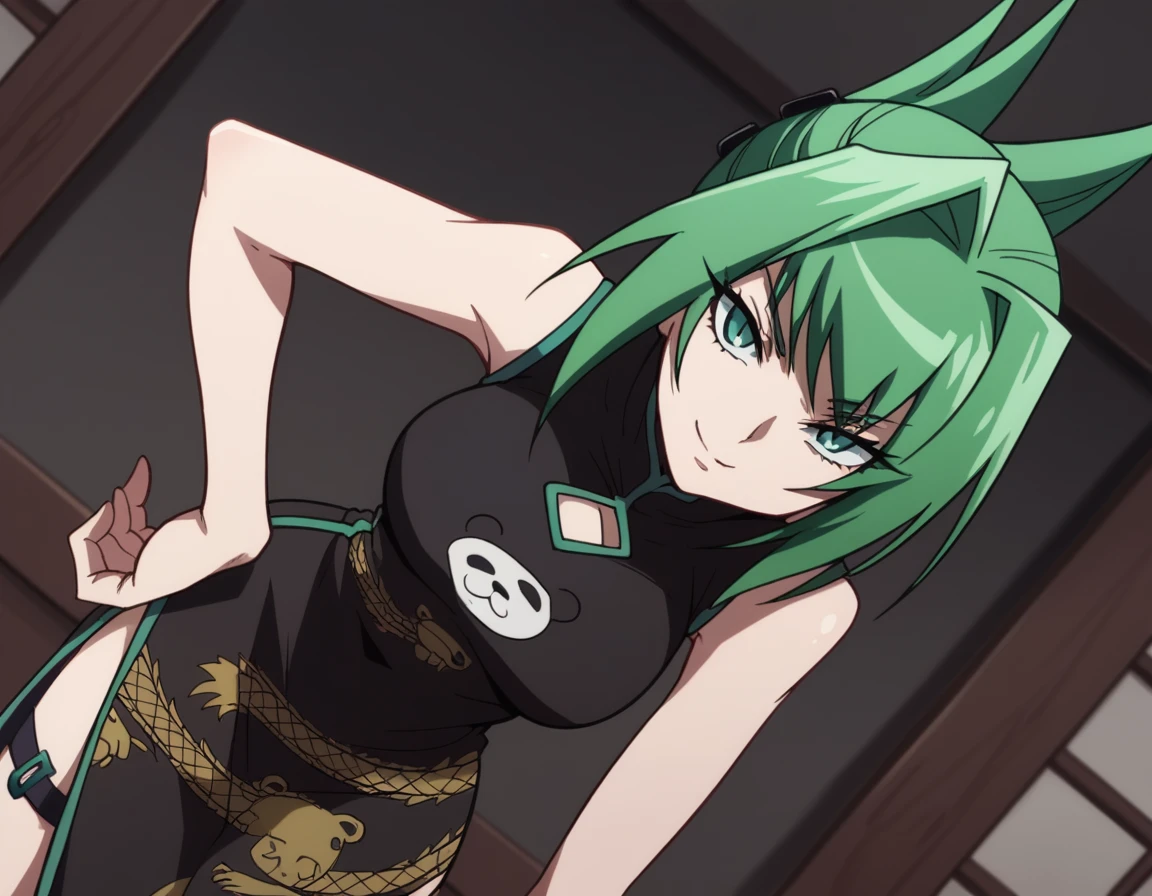 score_9, score_8_up, score_7_up, source_anime,
juntao, <lora:jun-tao-2021-s1-ponyxl-lora-nochekaiser:1>,
jun tao, green eyes, green hair, hair between eyes,
animal print, bear print, black dress, china dress, chinese clothes, dress, air, hip vent, panda print, side slit, sleeveless, sleeveless dress, thigh strap,
indoors, bent over, smile,
looking at viewer, cowboy shot, solo, dutch angle