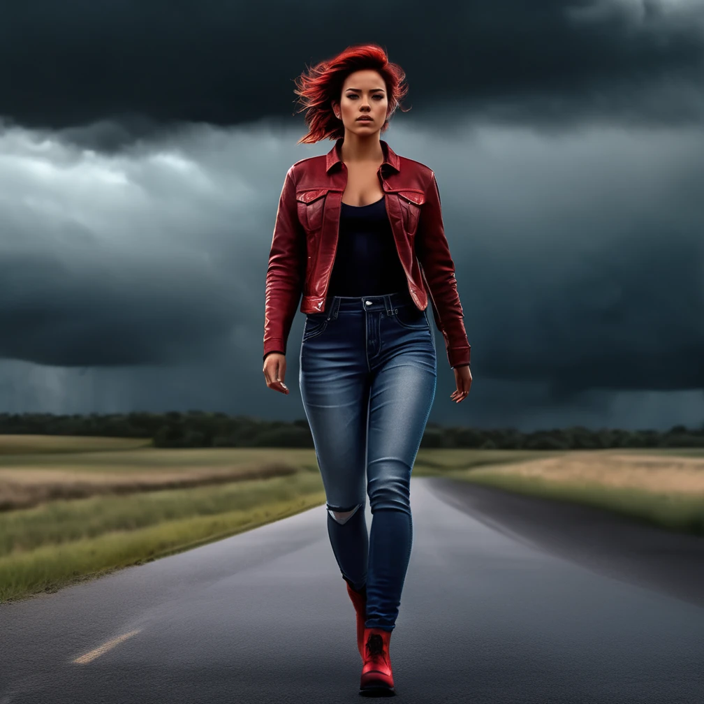 full body female clothed in a jeans walking down a lonely road with red lightning and dark clouds behind her, high detail, realistic photo, high detail, digital painting, cinematic, stunning, hyper-realistic, sharp focus, high resolution 8k, insanely detailed <lora:Emine:1>