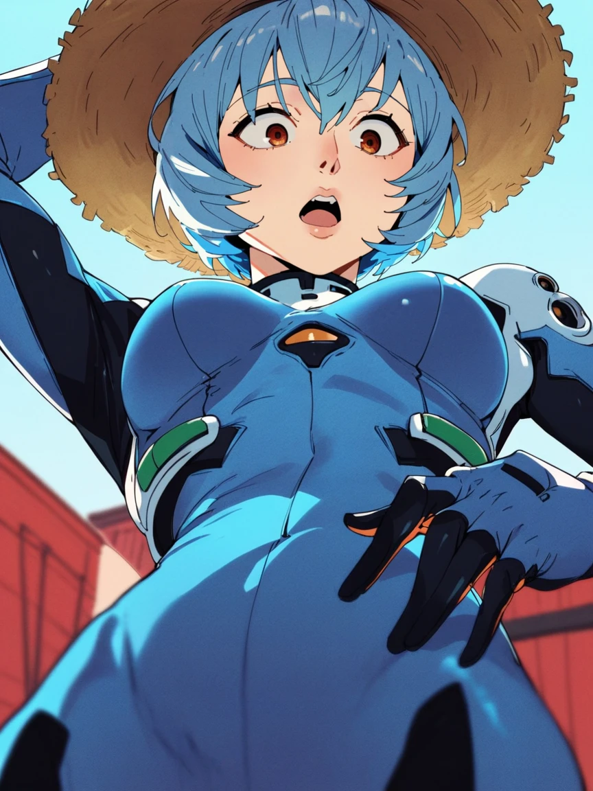 <lora:Neo-Ukiyo:0.8>, rei ayanami  1girl portrait, blue hair,   farm hat, plugsuit, panicking, surprised, (wide open eyes:1.2), looking down, open mouth, blue clear sky   <lora:Sadamoto Yoshiyuki_XL_PONY:0.15>, score_9, score_8_up, score_7_up, score_6_up