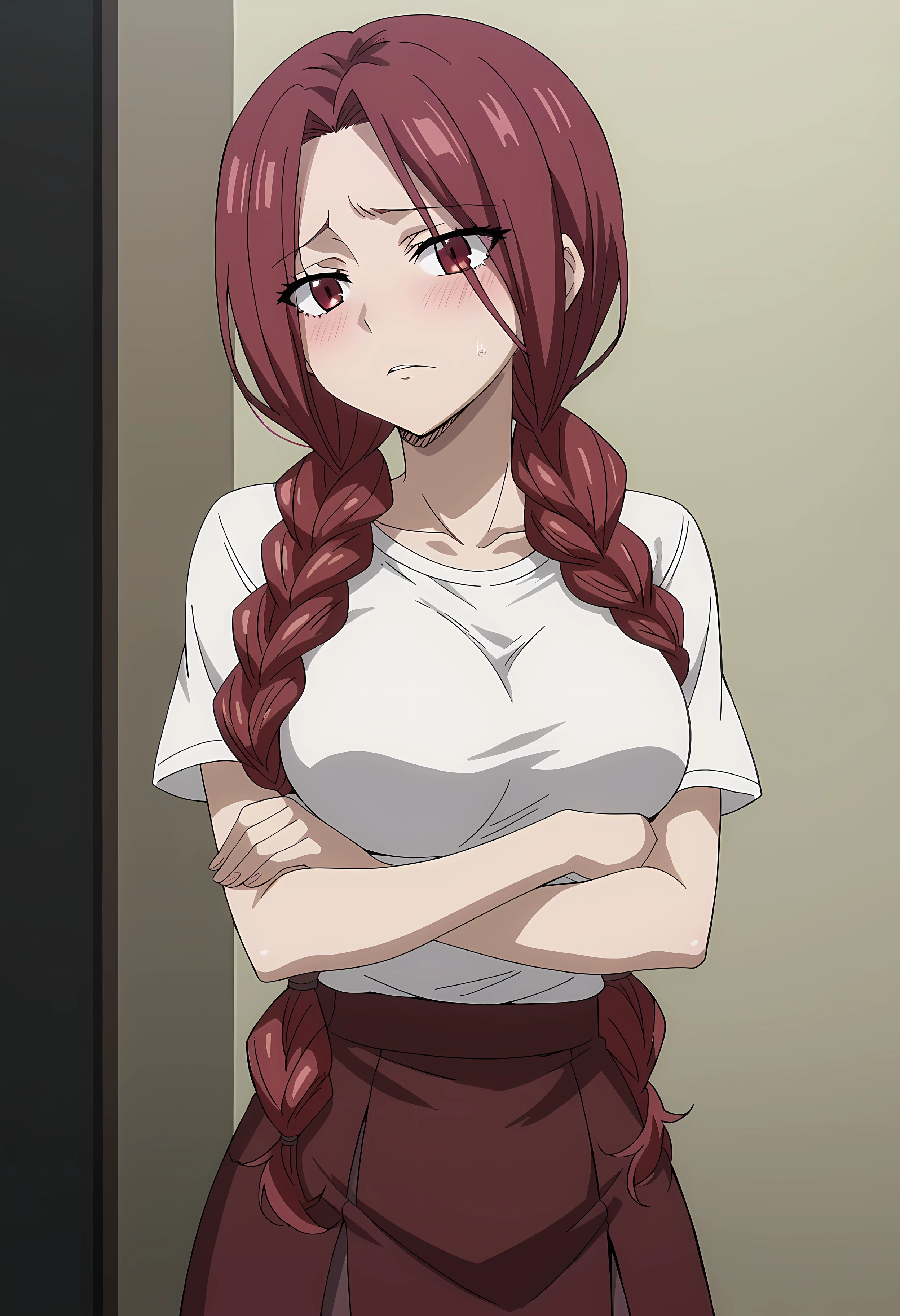 score_9, score_8_up, score_7_up, source_anime, 2d, Flare Corona, 1girl, dark red hair, long hair, twintails, red eyes, big breasts, anime coloring, anime screencap, detailed eyes, zPDXL, perfect faces, uncensored, rating_explicit,  <lora:flare_corona_0:1>, white t-shirt, red skirt, hands under breasts,