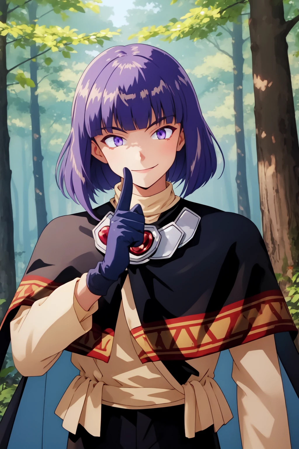 (xellos:1), solo male, 1boy, upper body portrait,vibrant colors, colorful, original, purple_hair, forest, capelet, smile, expressionless, neutral_expression, bob cut, purple eyes, blunt bangs, <lora:Xelloss01:0.8>, red crystal, gloves,  (index finger raised:1.2)