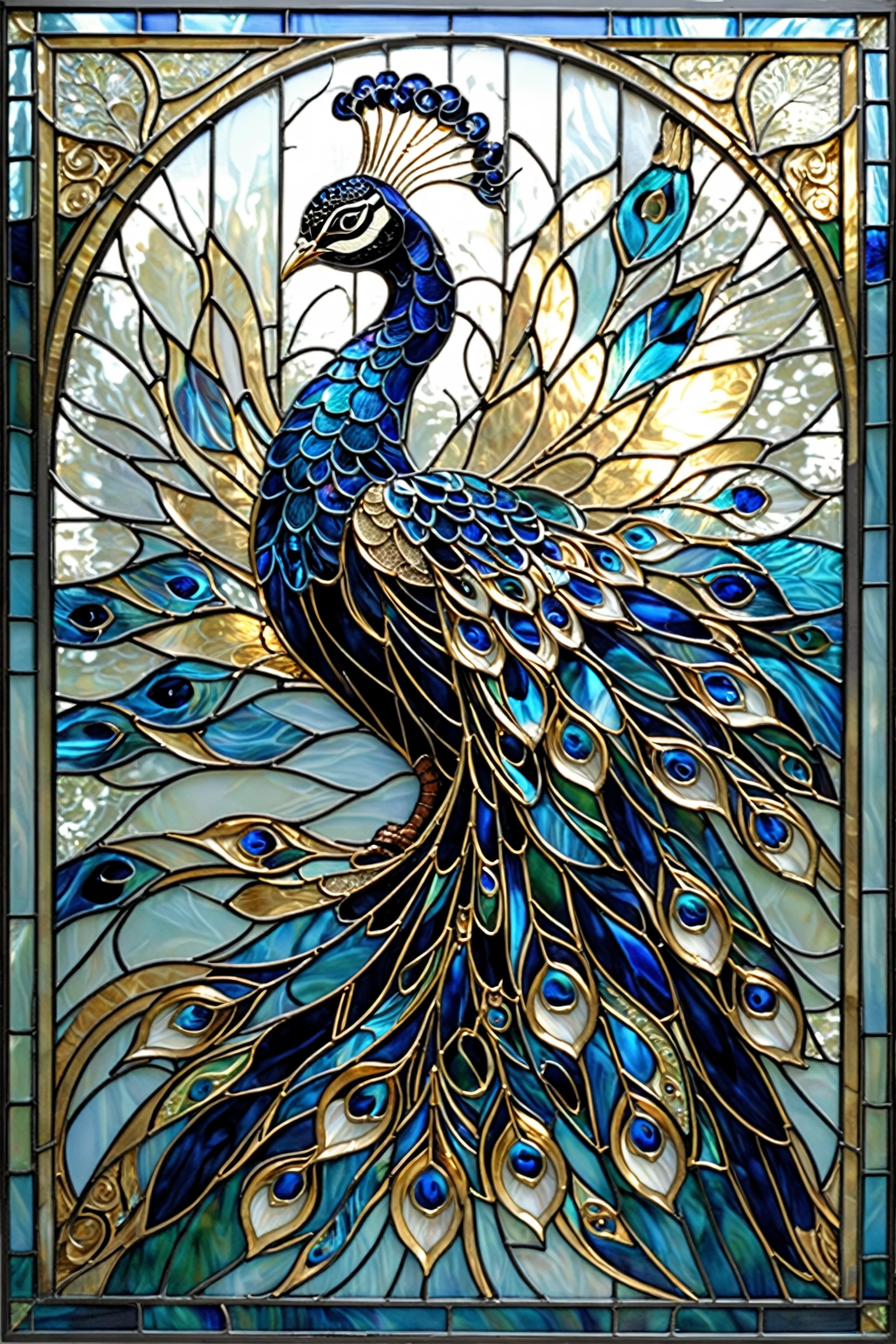 A stunning stained glass artwork of a peacock. The peacock, with its majestic tail feathers, is intricately designed with shades of blue, gold, and white. The background consists of intertwining patterns in varying shades of blue, creating an abstract representation of water or waves. The peacock's head and upper body are adorned with gold accents, and its eyes are dark, giving it a mysterious look. The artwork is beautifully crafted, with each piece of glass meticulously placed to create depth and dimension.<lora:EMS-402101-EMS:0.800000>