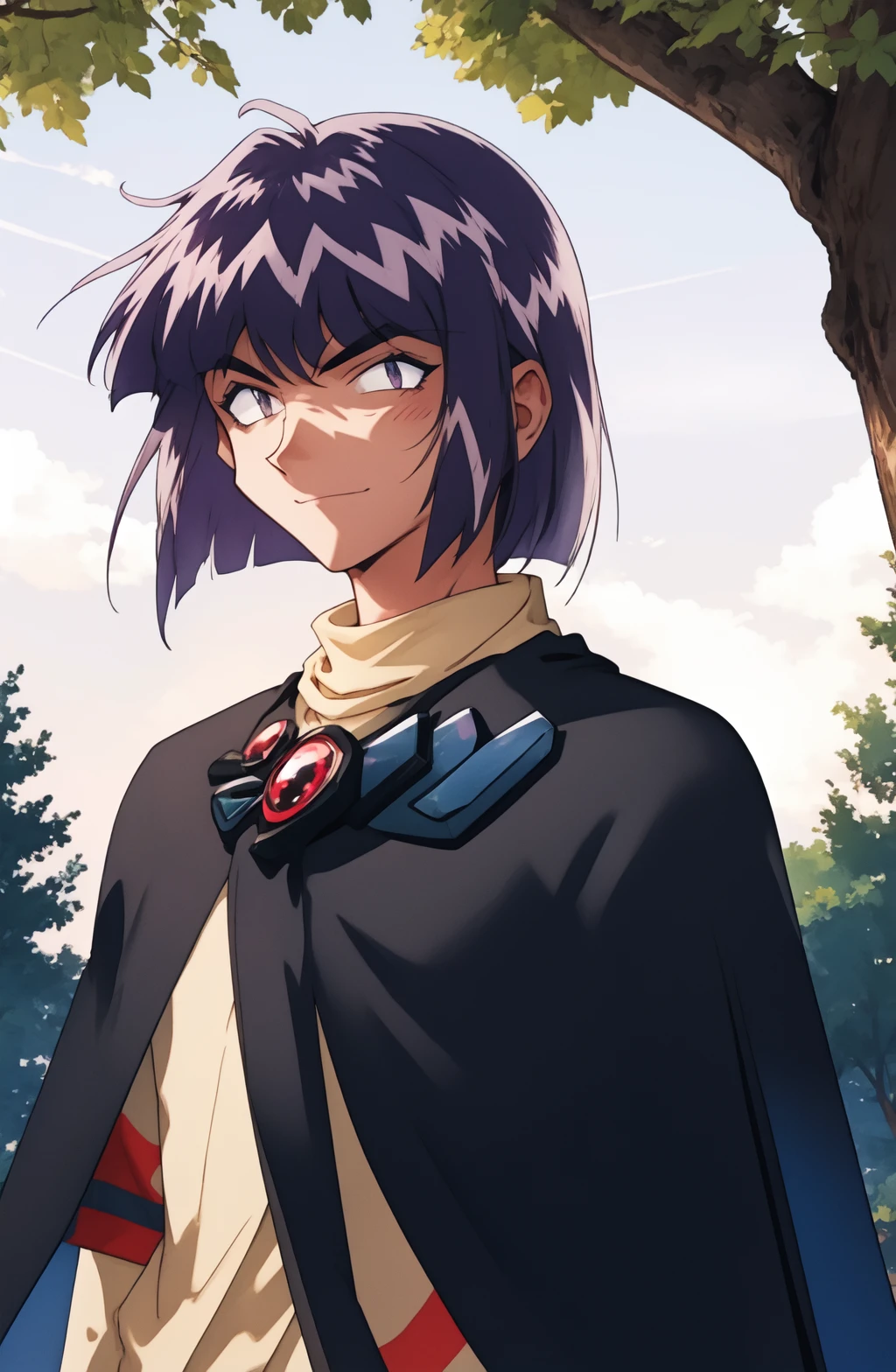 (xellos:1), solo male, 1boy, upper body portrait,vibrant colors, colorful, original, purple_hair, city, park, grass, trees, cape, smile, expressionless, neutral_expression, crystal, bob cut  <lora:Xelloss01:0.751>, purple eyes, evil, mad, blunt bangs, red gem <lora:araizumi_rui:1>