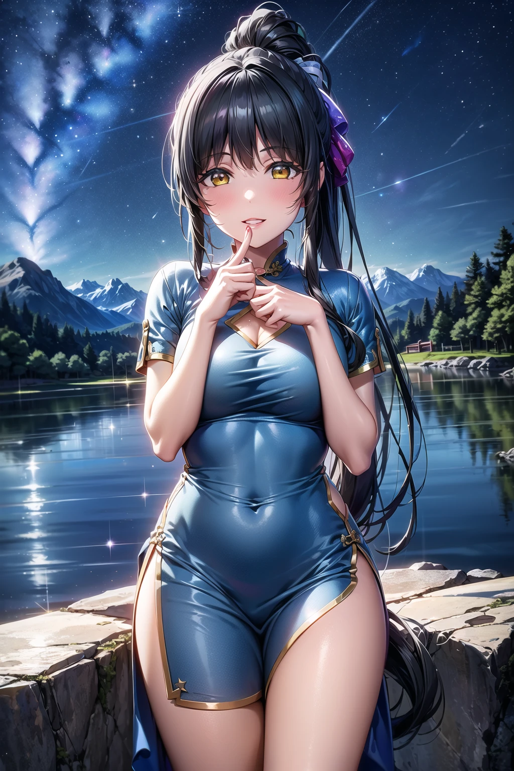 <lora:apstyle2:0.75> apstyle3 apstyle masterpiece best quality detailed eyes masterpiece best quality
1girl, hazuki ren, black hair, yellow eyes, ponytail, long hair, high ponytail, ribbon, <lora:ren:0.7>, cowboy shot, standing, seductive smile, solo
(blue dress, chinese dress, short sleeves:1.2)
(lake, mountains, rock, star \(sky\), night, night sky, rocks:1.3) cowboy shot,
standing, parted lips,
<lora:detail_slider_v4:0.75>  <lora:more_details:0.3> ah1  <lora:1651489307798708599:0.2>,  <lora:GoodHands-vanilla:1>