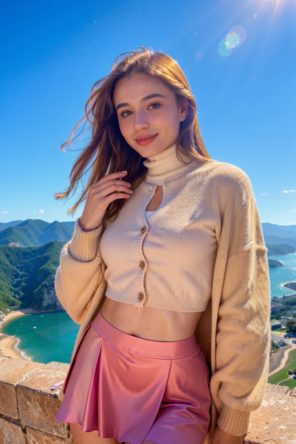 a photograph of (1girl, 24 years old, slight smile)>, <lora:ZH_EVasilenko_v11.5:1>, zh_evasilenko, solo, realistic, brown eyes, looking at viewer, wearing (cardigan, crop top and flair skirt)