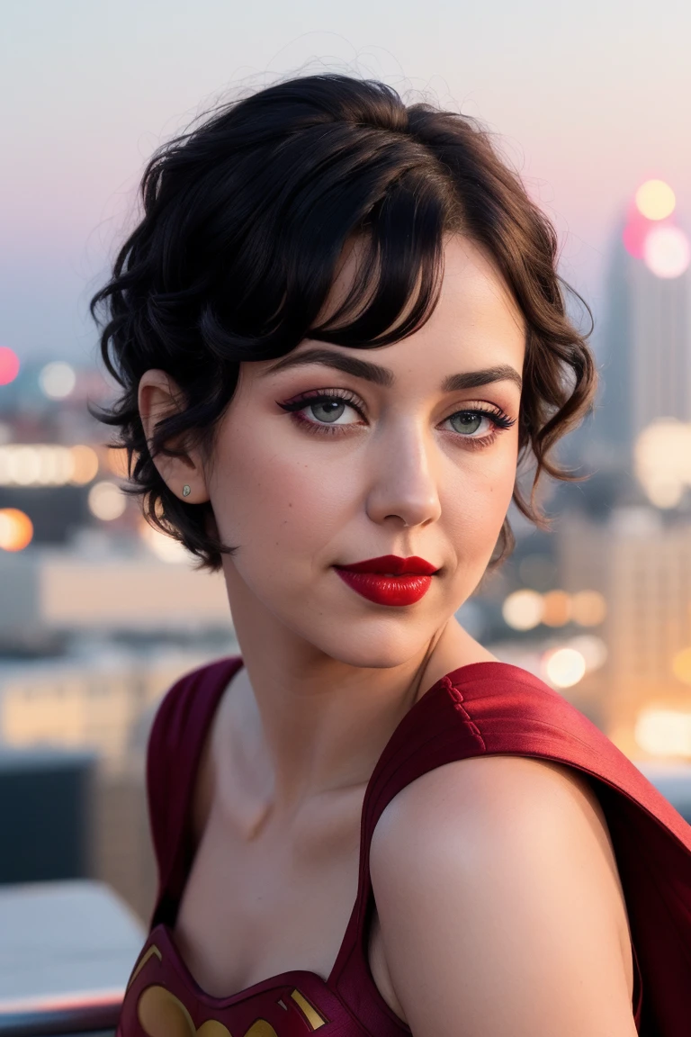 emmafuhrmann, ((red lipstick, blush)), ((detailed eyes, beautiful eyes, detailed face, beautiful face):1.2), , ,photo of a woman, RAW, ((superman costume, superman logo, cape)),((short hair, pixie cut, messy hair, black hair)), ((rooftop, city, at night)), 8k uhd, dslr, soft lighting, high quality, film grain, Fujifilm XT3 sharp focus, f 5.6,((red lipstick, blush)) , slight smile