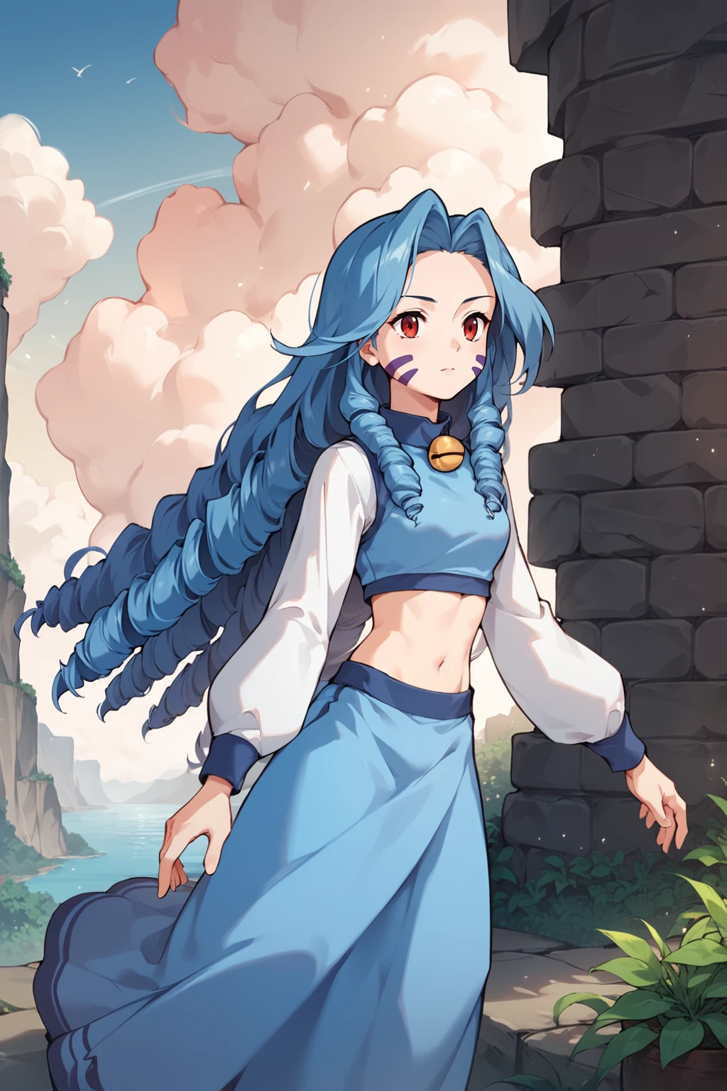 score_9, score_8_up, score_7_up, score_6_up, score_5_up, score_4_up, source_anime, cowboy shot, outdoors, 1girl, Juca, sky blue hair, long hair, drill hair, red eyes, facial mark, neck bell, crop top, midriff, sky blue dress, white sleeves, long sleeves, long skirt, <lora:Jucapony:0.75>