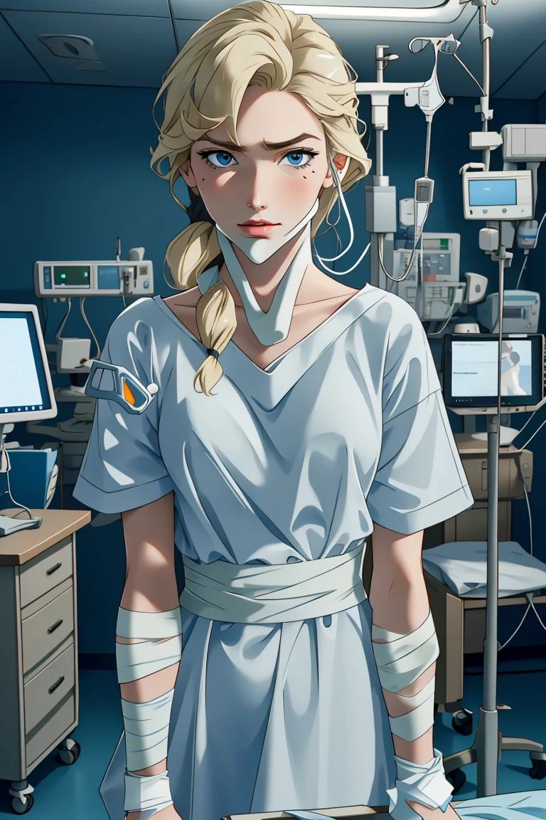 (RAW photo, best quality,facing the viewer,from front), operating room, overhead surgical light,blurred background, focused, dithering,backlighting,
<lora:CM_Patient_Bandaged_V2.0-000004:0.8> patient_bandaged, 1girl, solo, hospital bed, intravenous drip, bandages, monitor,
 <lora:helga:0.8> helga 1girl,1girl,solo, blonde hair, makeup, blue eyes,