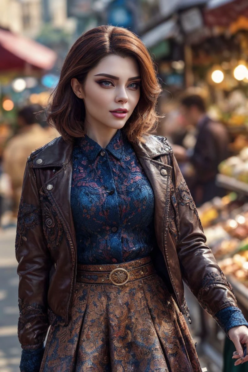 photo of S447_IlonaBugaeva,a stunning woman,in a (marketplace:1.1),wearing a (jacket),(shirt),(skirt),(4k, RAW photo, best quality, 50mm, depth of field, ultra high res:1.1),(intricate, photorealistic, cinematic-shot, masterpiece, ultra-detailed:1.1),