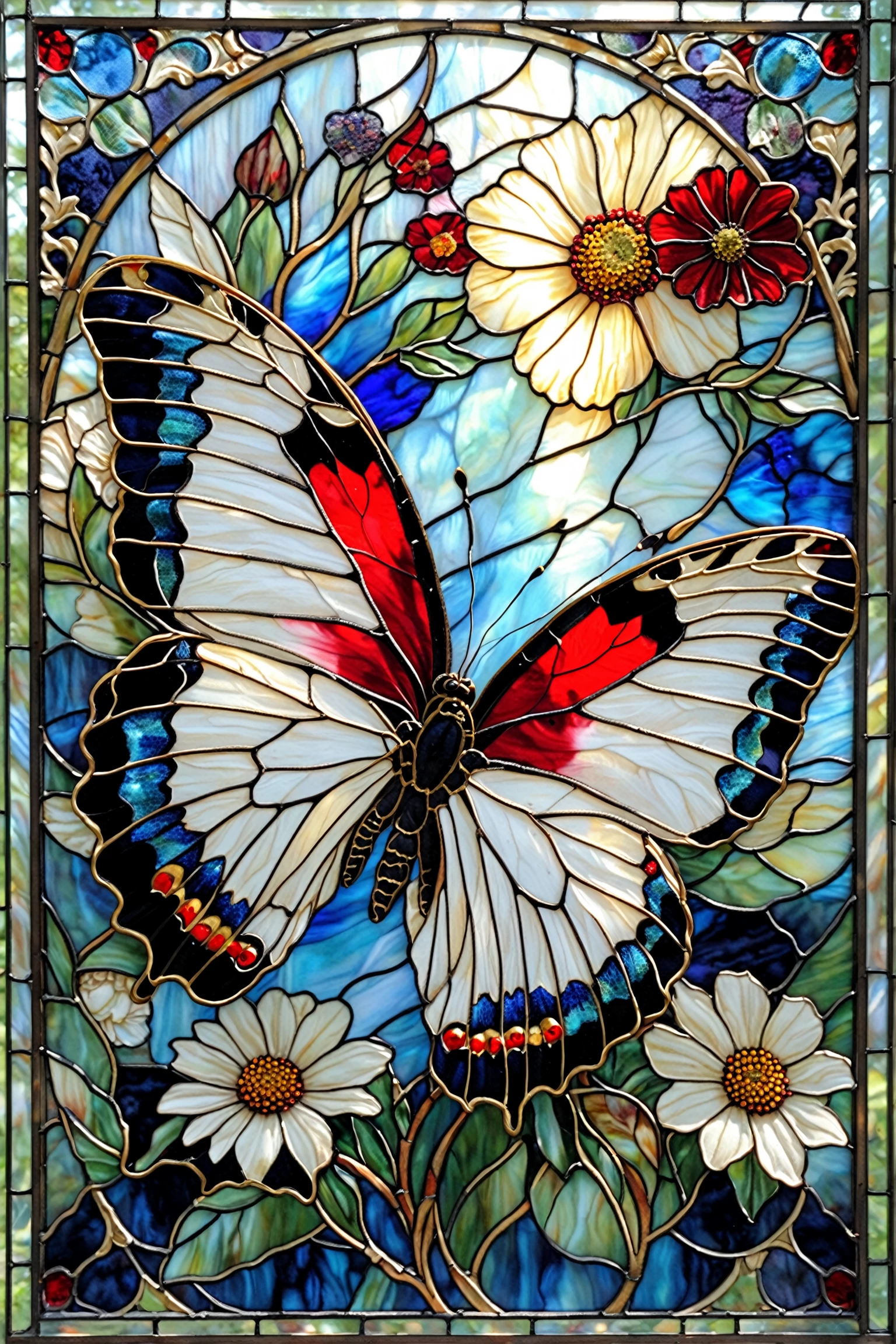 A stunning stained-glass artwork. At its center, a vibrant butterfly with intricate patterns in white, red, and black is perched on a large, detailed flower. The flower has a creamy hue with a dark center and radiating petals. The background is a mesmerizing blend of blues, whites, and greens, creating an ethereal atmosphere. The butterfly's wings are outspread, displaying a beautiful play of colors, and its antennae are prominently visible. The entire composition gives a sense of harmony between nature and art.<lora:EMS-402101-EMS:0.800000>