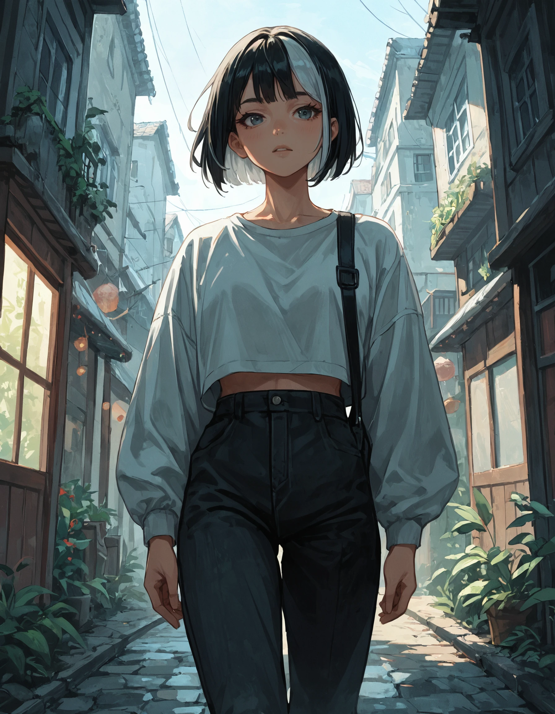 score_9, score_8_up, score_7_up, score_6_up, score_5_up, source_anime, 1girl, older, portrait, black hair, bob cut, white highlights, walking, looking down,
