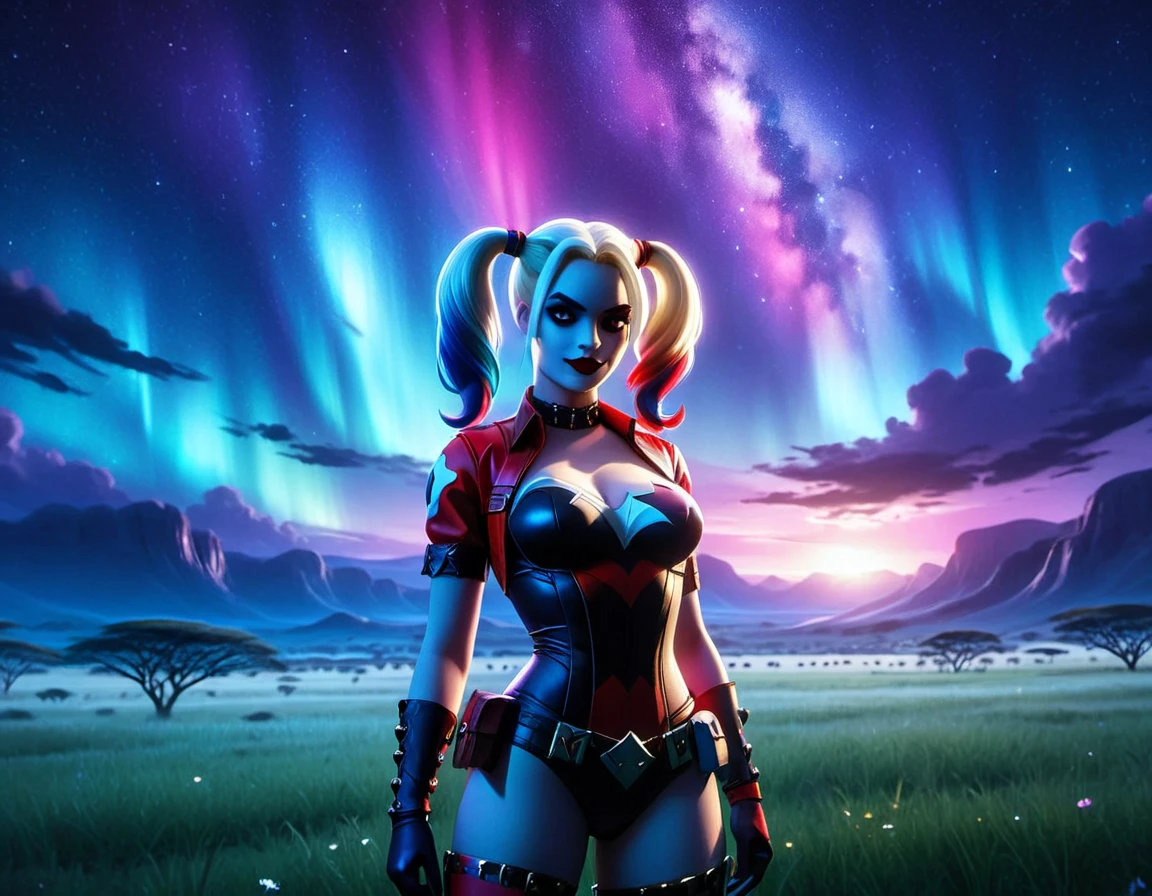 AncestralPlane, beautiful gorgeous Harley Quinn, standing in an open field under a brilliant night sky