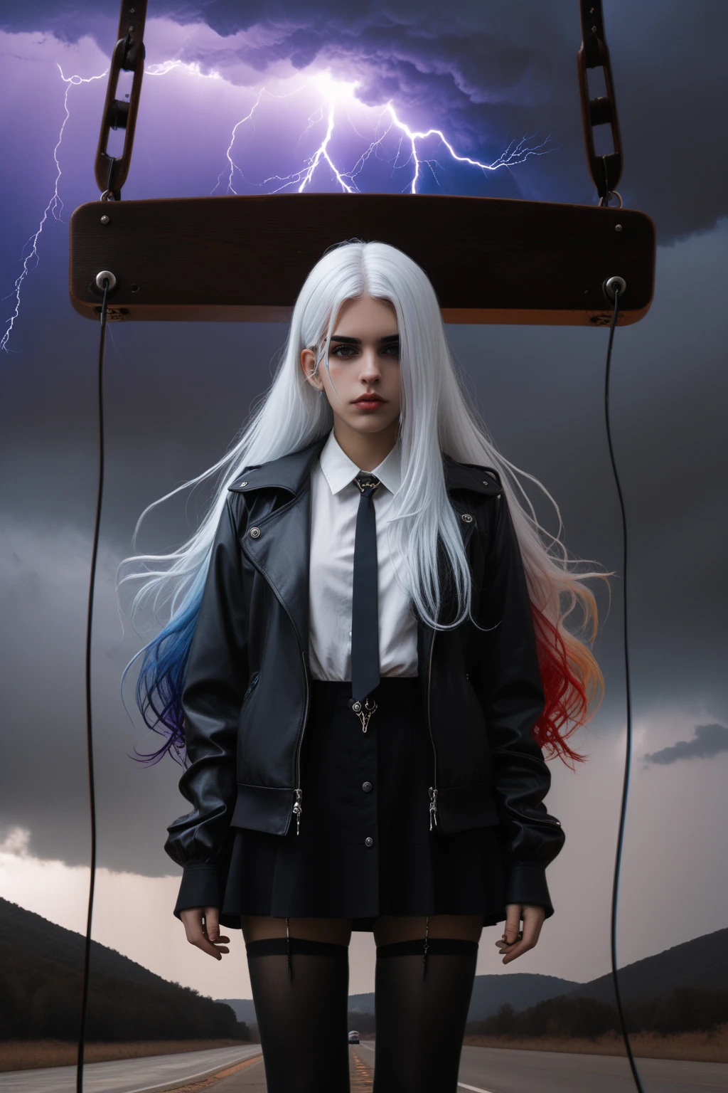 Gothic style, 1girl long hair, looking at viewer, simple background, black hair, white hair, multicolored hair, streaming on twitch, character album cover, blues moment, style of Alessio Albi, daily wear, moody lighting, appropriate comparison of cold and warm, reality, Thunderstorm, Brogues, Hangers