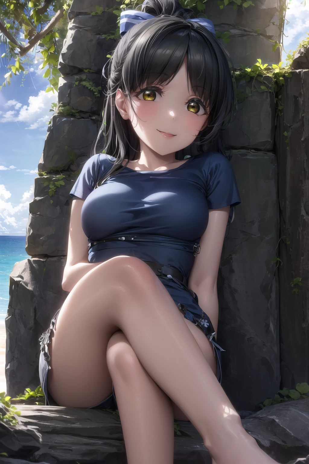 (masterpiece, best quality, ultra-detailed), (illustration), (beautiful detailed eyes), (1girl), (solo),  hazuki ren, black hair, yellow eyes, (long hair:1.3), high ponytail, (hair ribbon:1.2), <lora:ren-04:1>,large breasts, parted bangs
 (t-shirt, shorts:1.1), 
(sitting), (arms behind back:), (light smile), (feet out of frame), tareme, (crossed legs:1.3)
(outdoors, beach, sea, palms, rocks), depth of field, <lora:1651489307798708599:0.4> <lora:add_detail:0.2> <lora:GoodHands-vanilla:1> <lora:tareme:0.6>, <lora:LowRA:0.4>