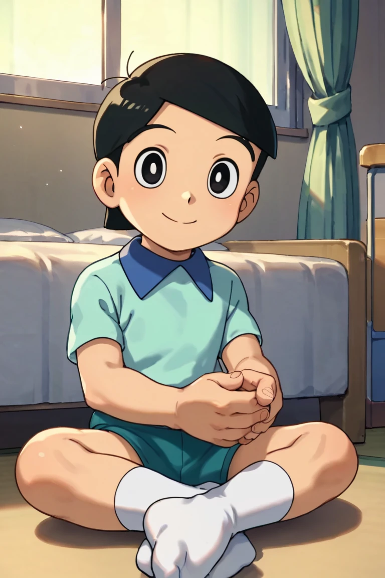 score_9,score_8_up,score_7_up,source_anime,1boy, solo,looking at viewer, Hidetoshi Dekisugi,black hair,black eyes, smile, Blue shirt,short shirt, white socks, sitting, indoors<lora:EMS-402860-EMS:1.000000>