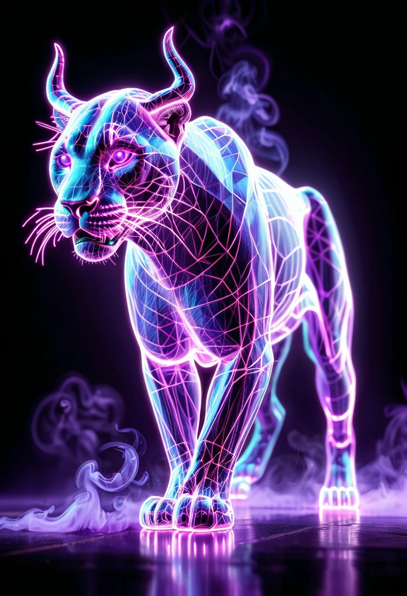 <lora:artfullyANIMALWIRE_SDXL_V1:1>, artnmlwr,  3D full body hologram of a majestic panther, 3D full body shot of a stalking panther made from neon glowing wireframe, A majestic panther made of intricate digital lines and glowing neon colors, a hyper realistic oil painting in the style of cyberpunk elements., cool lighting, dark background with a purple glow behind it, fantasy style digital art., glowing lights on its horns and skin, high resolution., in the style of digital art, neon lights and smoke around the animal, stalking majestically against the backdrop of dark purple smoke, symbolizing strength in business. Intricate glowing hologram line art in the style of digital artists., the whole figure is made up in the style of a geometric wireframe structure, ultra-detailed textures, with a dark background and neon light purple and blue smoke in the style, with purple and blue smoke in the background against a black dark background