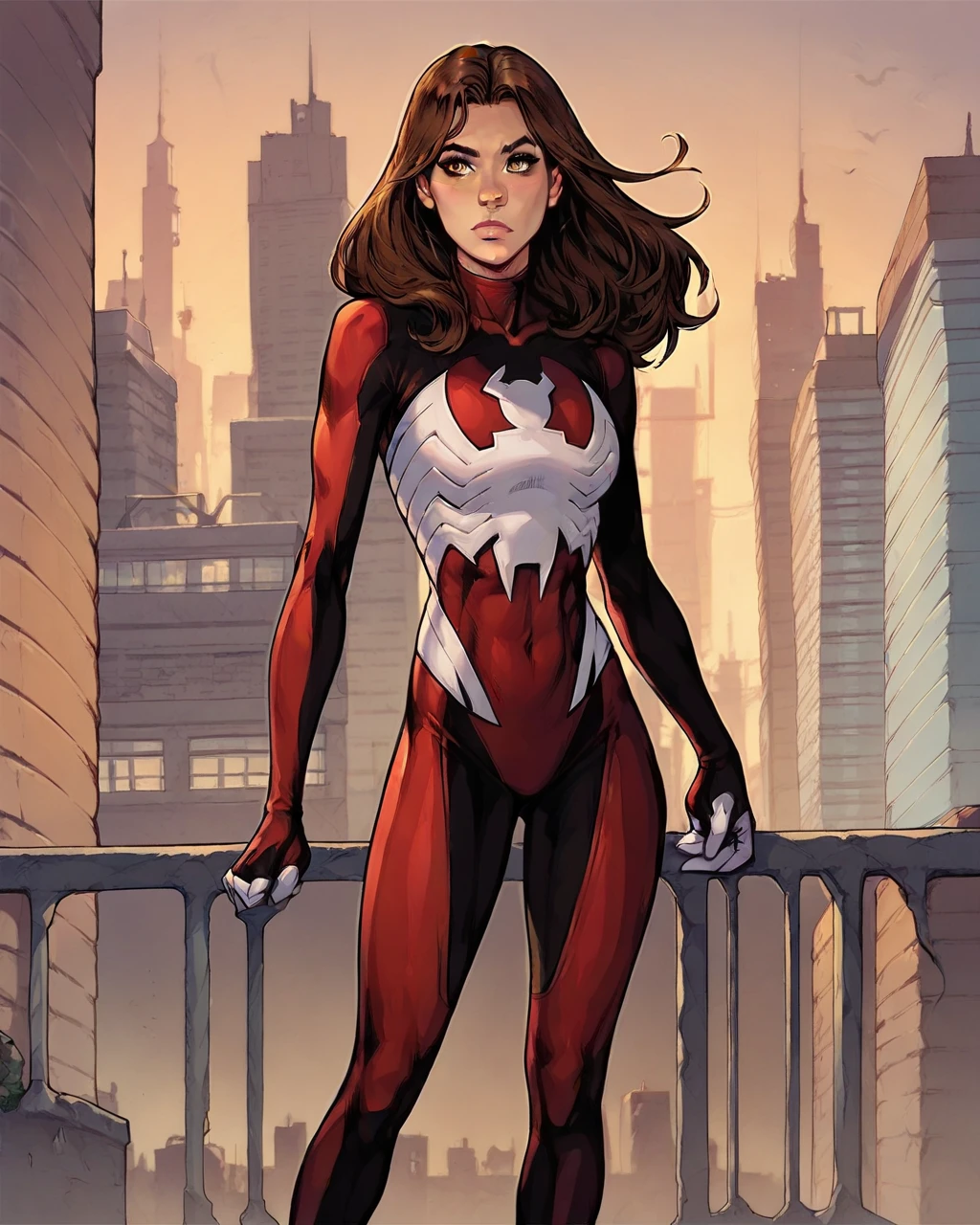 score_9, score_8_up, score_7_up, score_6_up, 2d, JessDrew, solo, long hair, brown hair, brown eyes, bodysuit, standing, highly detailed, dark, city at night