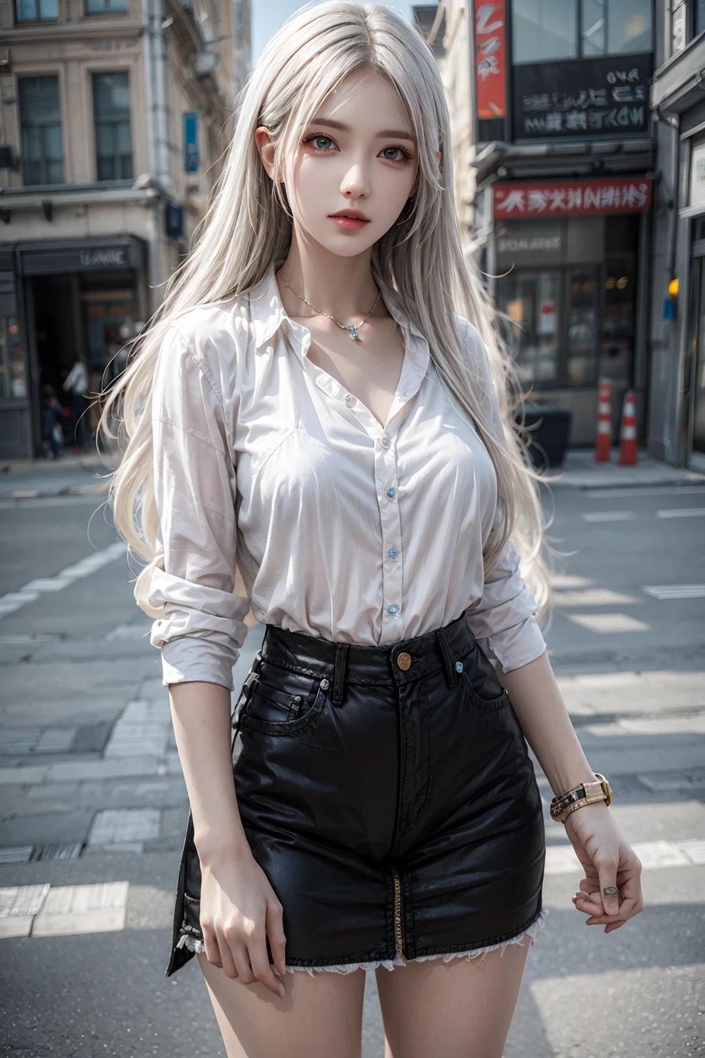 female,masterpiece, realistic, best quality, ultra detailed, cowboy_shot, long white hair, fashionable accessories, street wear<lora:EMS-179-EMS:0.400000>, <lora:EMS-402992-EMS:0.600000>